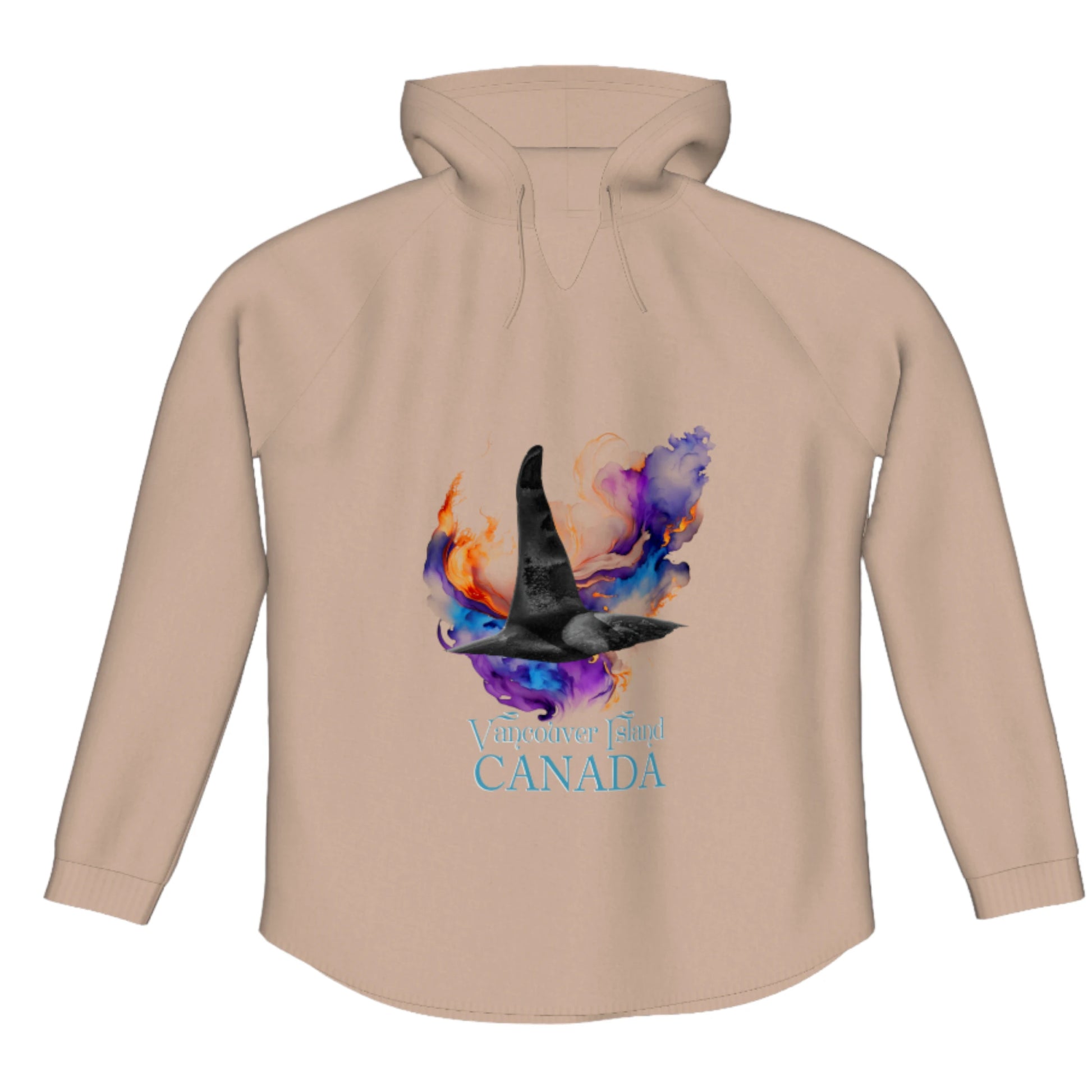 Orca Aura Vancouver Island Canada Flow Pullover Hoodie. The image is of a male orca dorsal fin on a colourful abstract background.  the words read Vancouver Island Canada