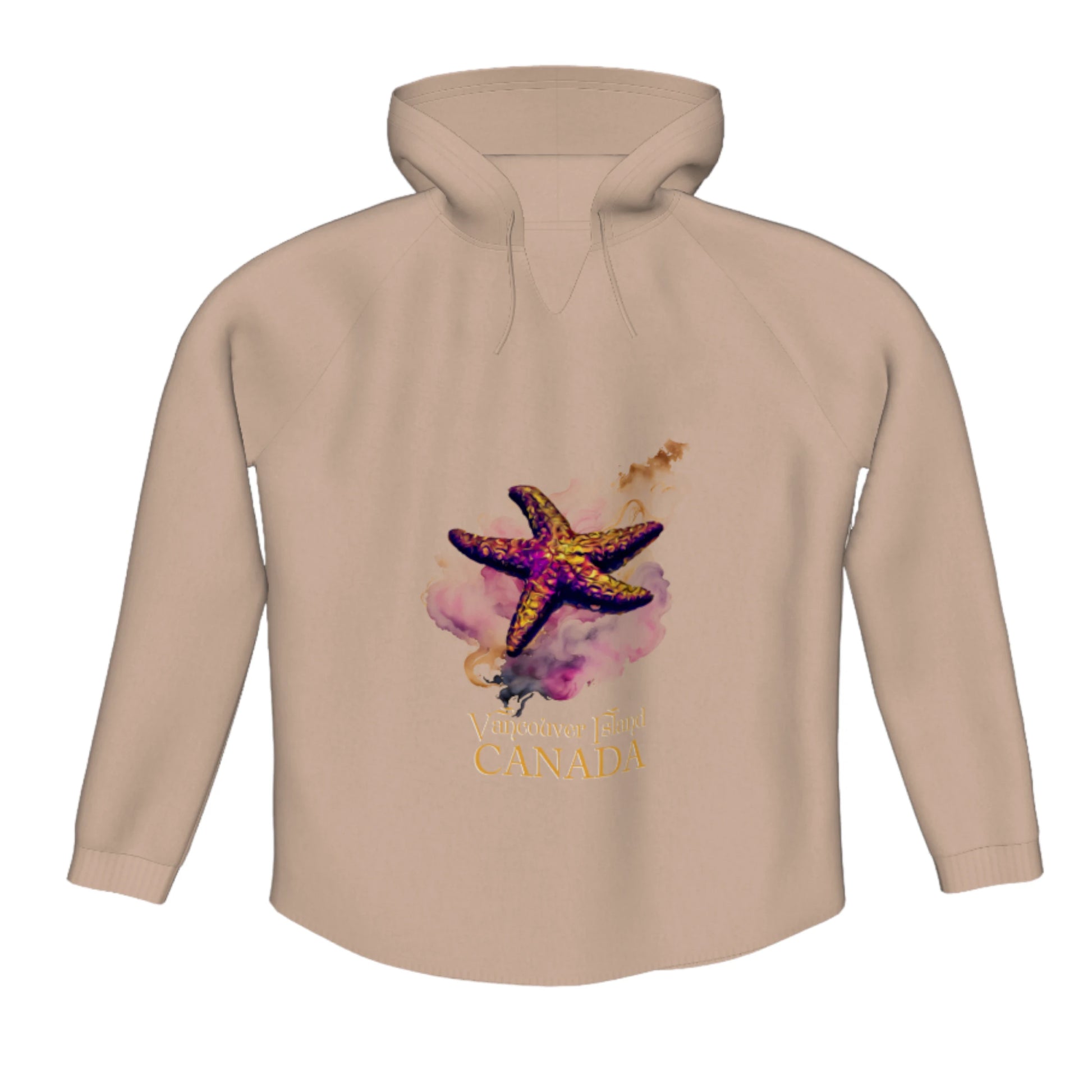 Star Track Vancouver Island Canada Flow Pullover Hoodie. The image is of a starfish on a colourful abstract background.