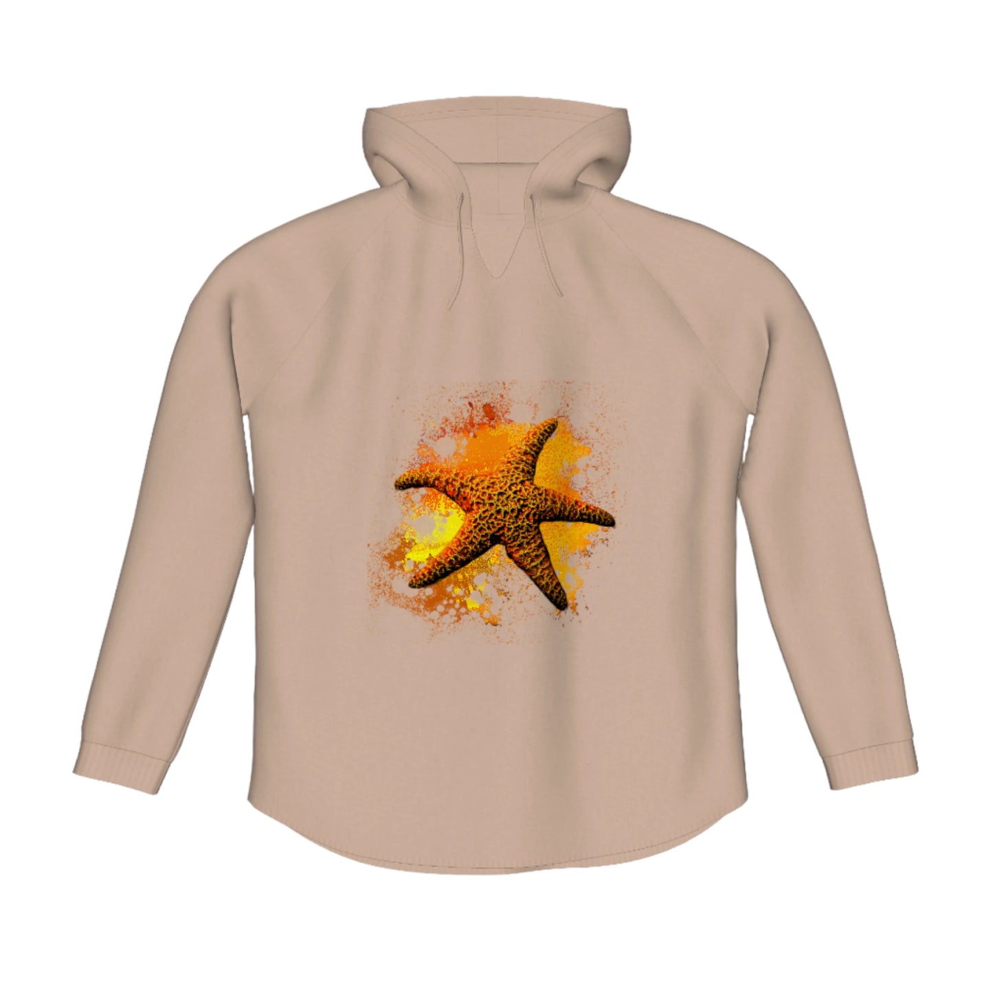 Starfish Orange Flow Pullover Hoodie. The image is of a starfish with a colourful abstract background.