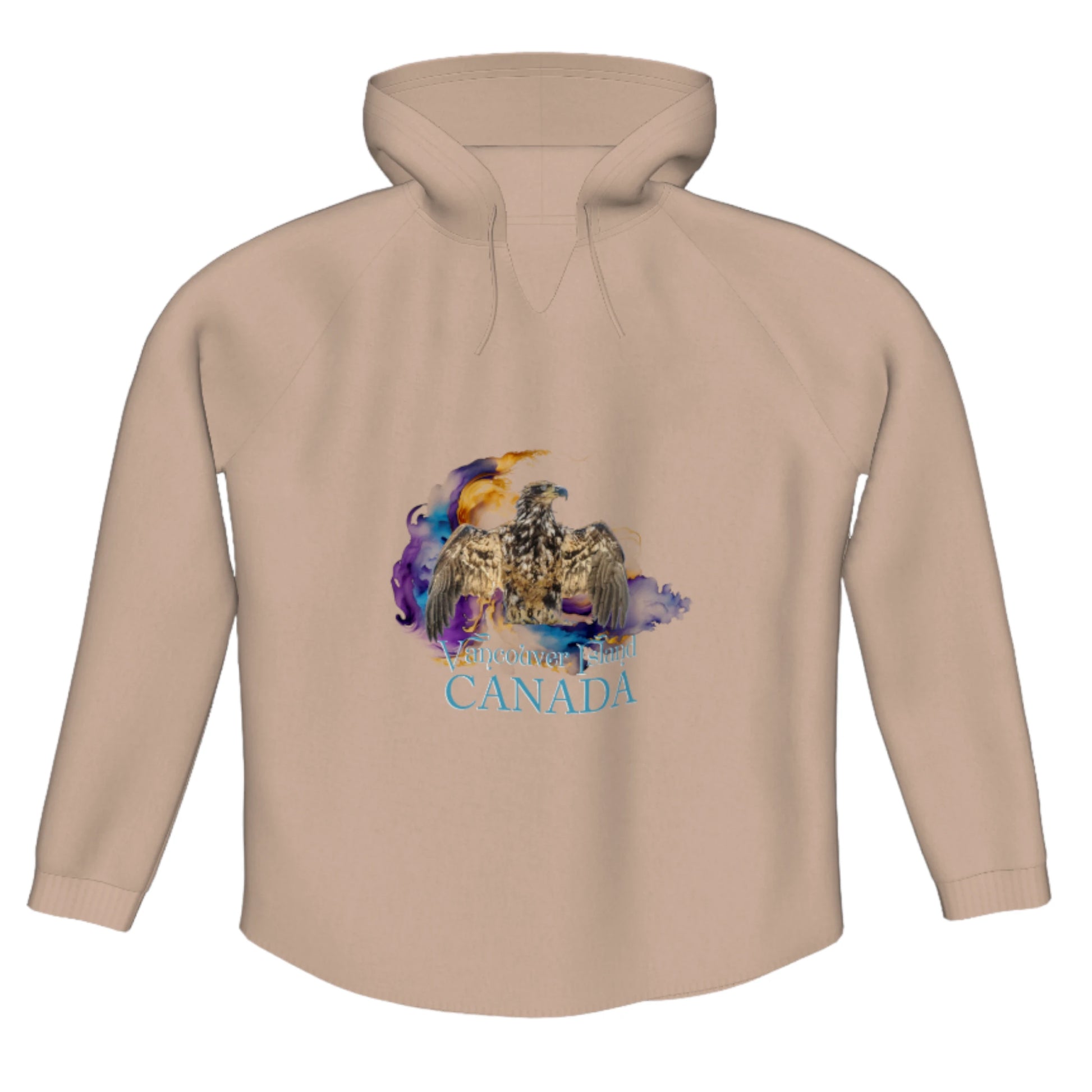 Thunderbird Vancouver Island Canada Flow Pullover Hoodie. The image is of a eagle in the thunderbird position with a colourful abstract background.  The words read Vancouver Island Canada.