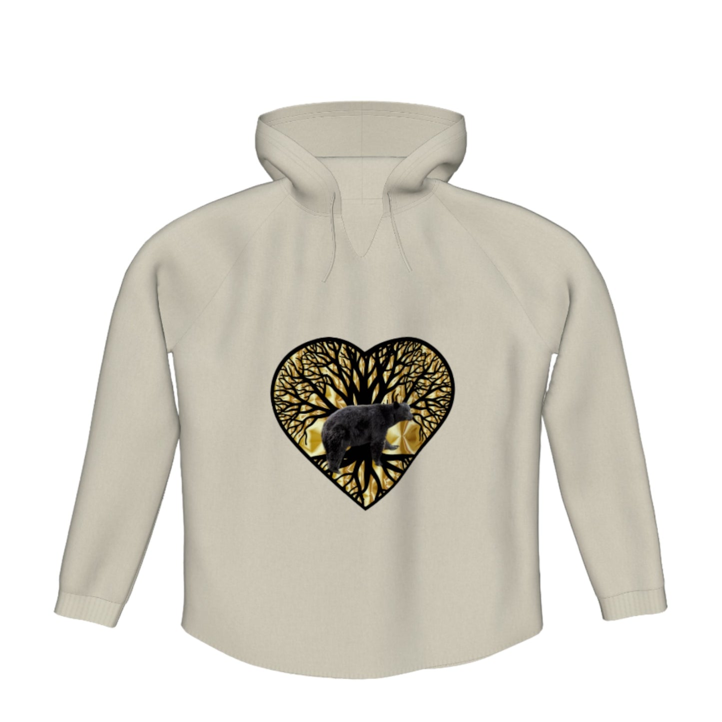 Bear Heart Flow Pullover Hoodie. The image is of a heart with a tree of life and a bear on a gold background.