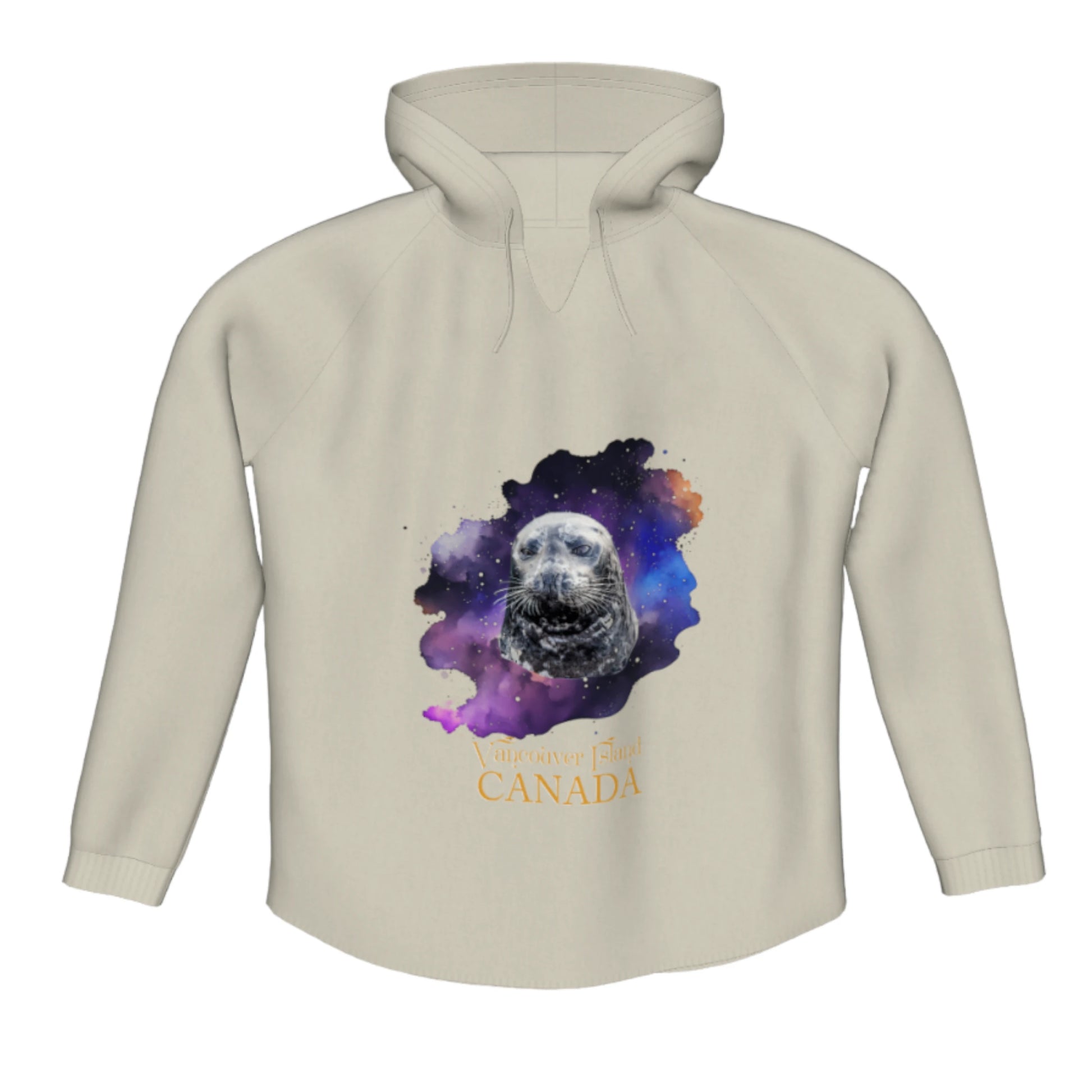 I Love Lucy Vancouver Island Canada Flow Pullover Hoodie. The image is of a harbour seal with a colourful abstract background. the words read Vancouver Island Canada