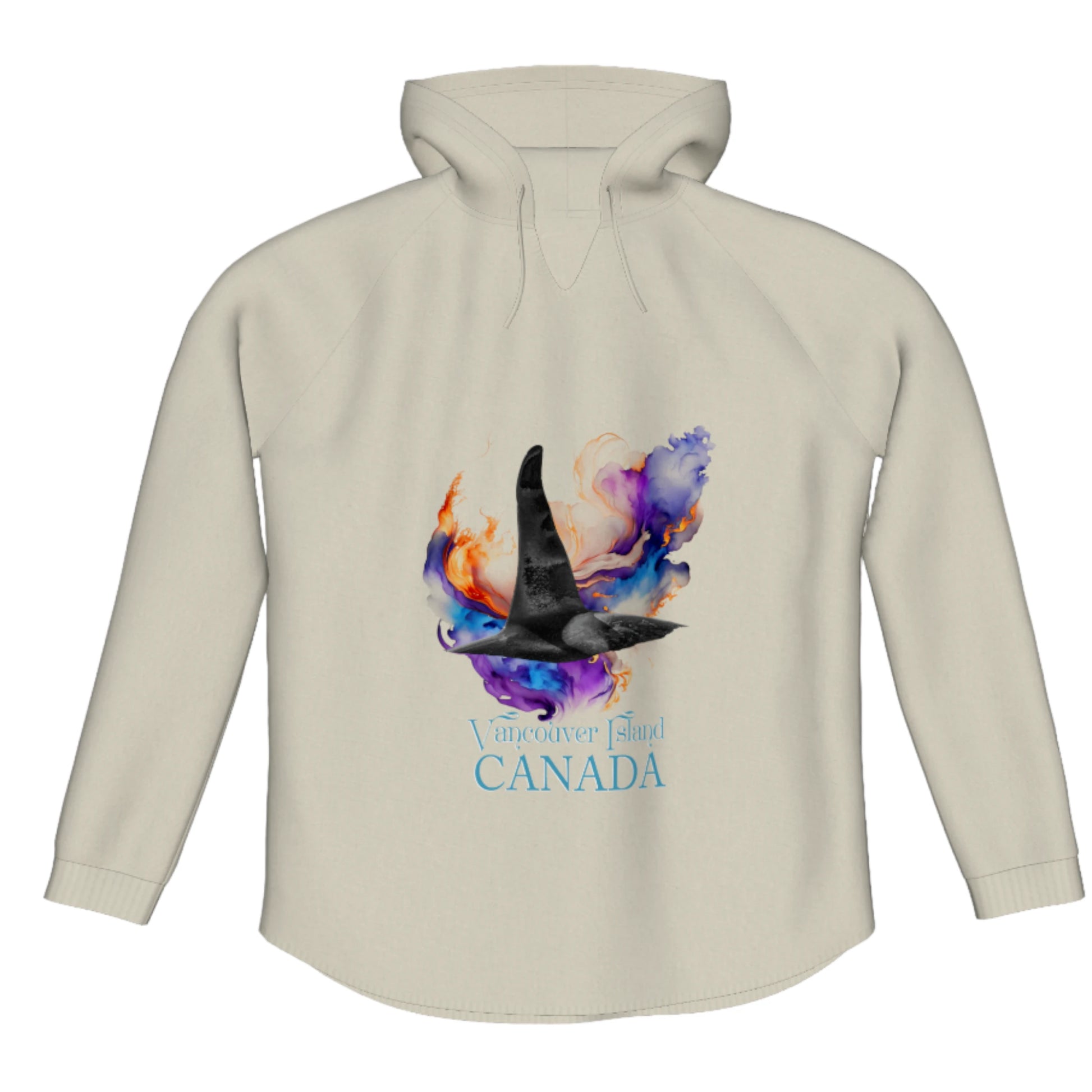 Orca Aura Vancouver Island Canada Flow Pullover Hoodie. The image is of a male orca dorsal fin on a colourful abstract background.  the words read Vancouver Island Canada