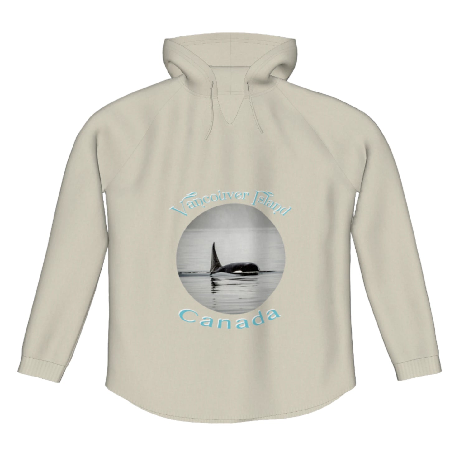 Orca Spray Vancouver Island Canada Flow Pullover Hoodie. The image is of a orca swimming in the johnstone strait. The words read Vancouver Island Canada