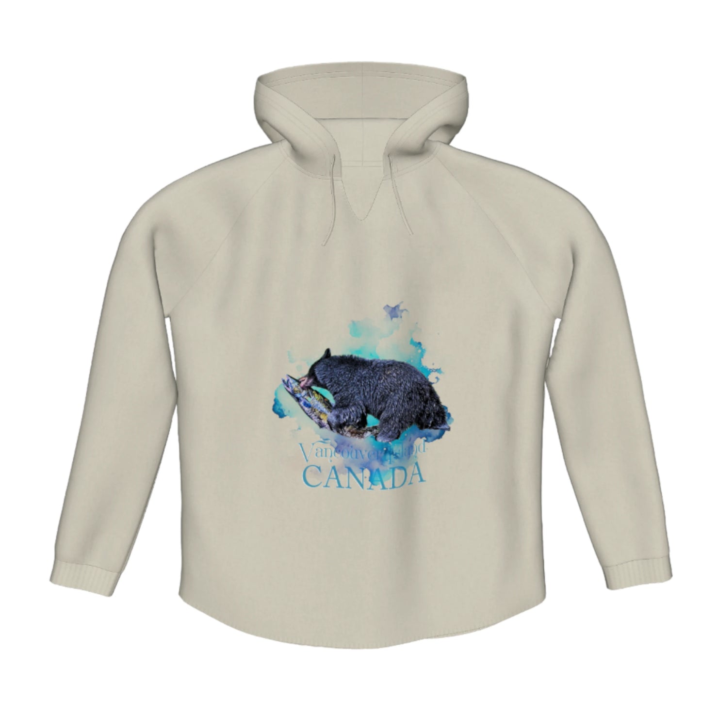 Salmon Bear Vancouver Island Canada Flow Pullover Hoodie. The image is of bear with a fresh salmon in its mouth.