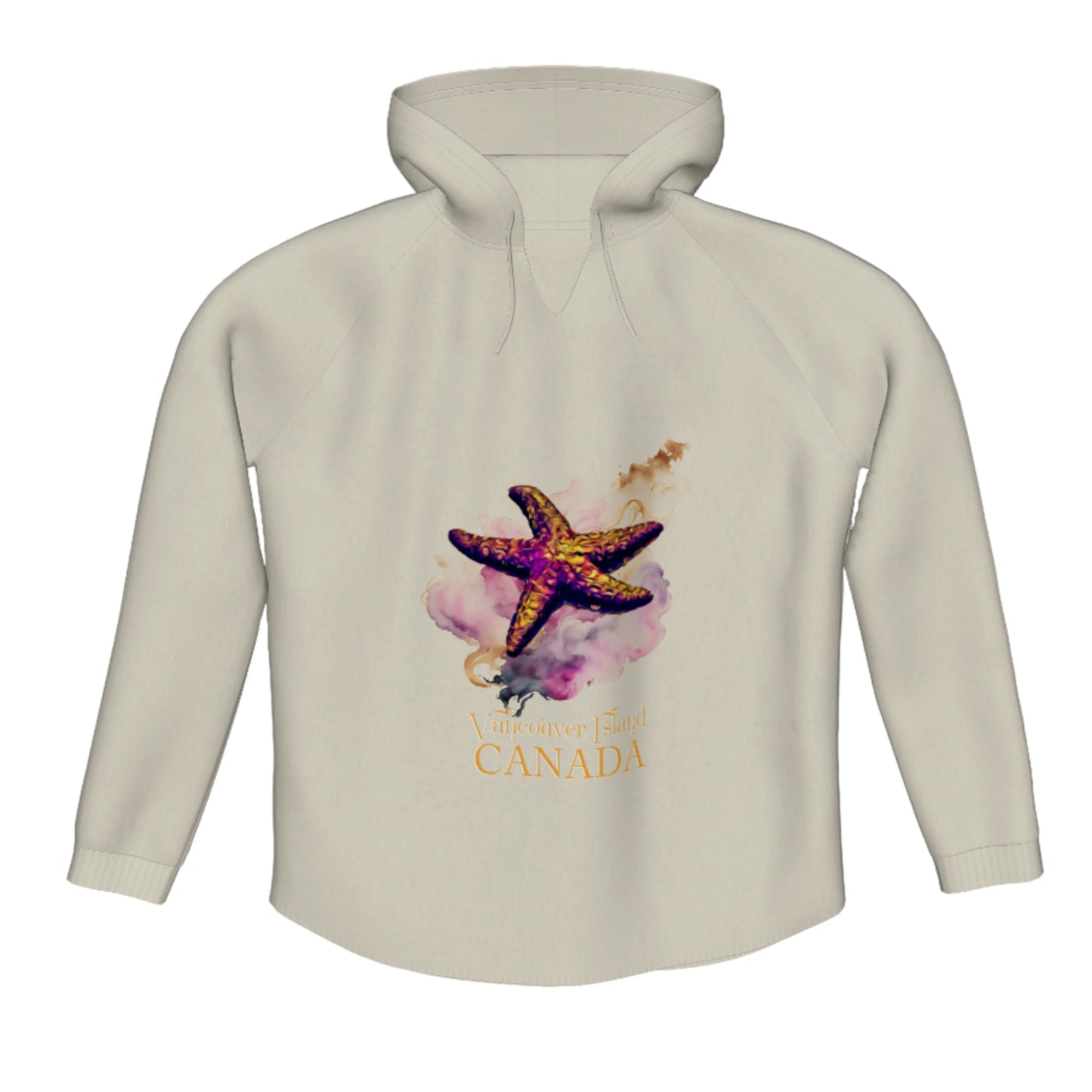 Star Track Vancouver Island Canada Flow Pullover Hoodie. The image is of a starfish on a colourful abstract background.