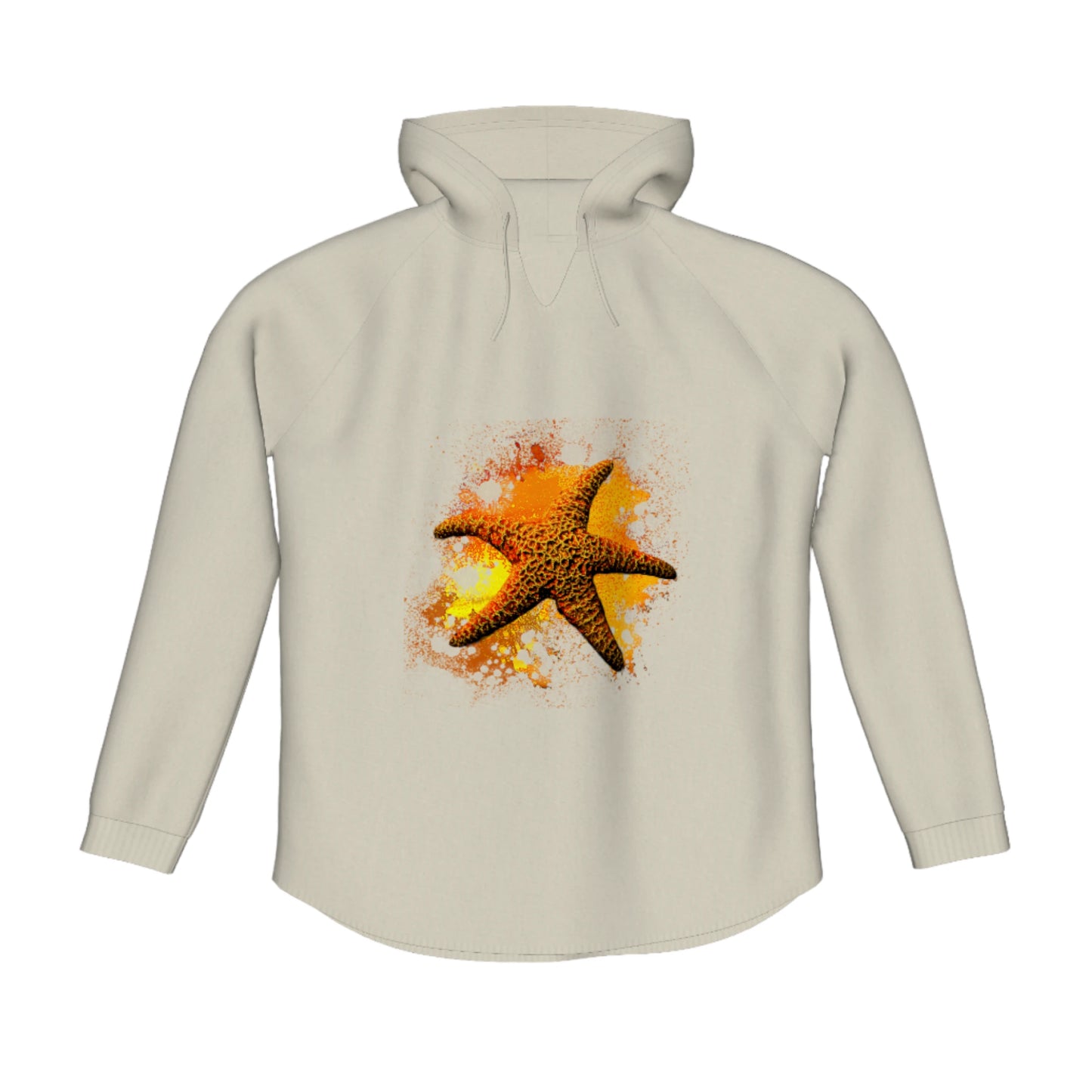 Starfish Orange Flow Pullover Hoodie. The image is of a starfish with a colourful abstract background.