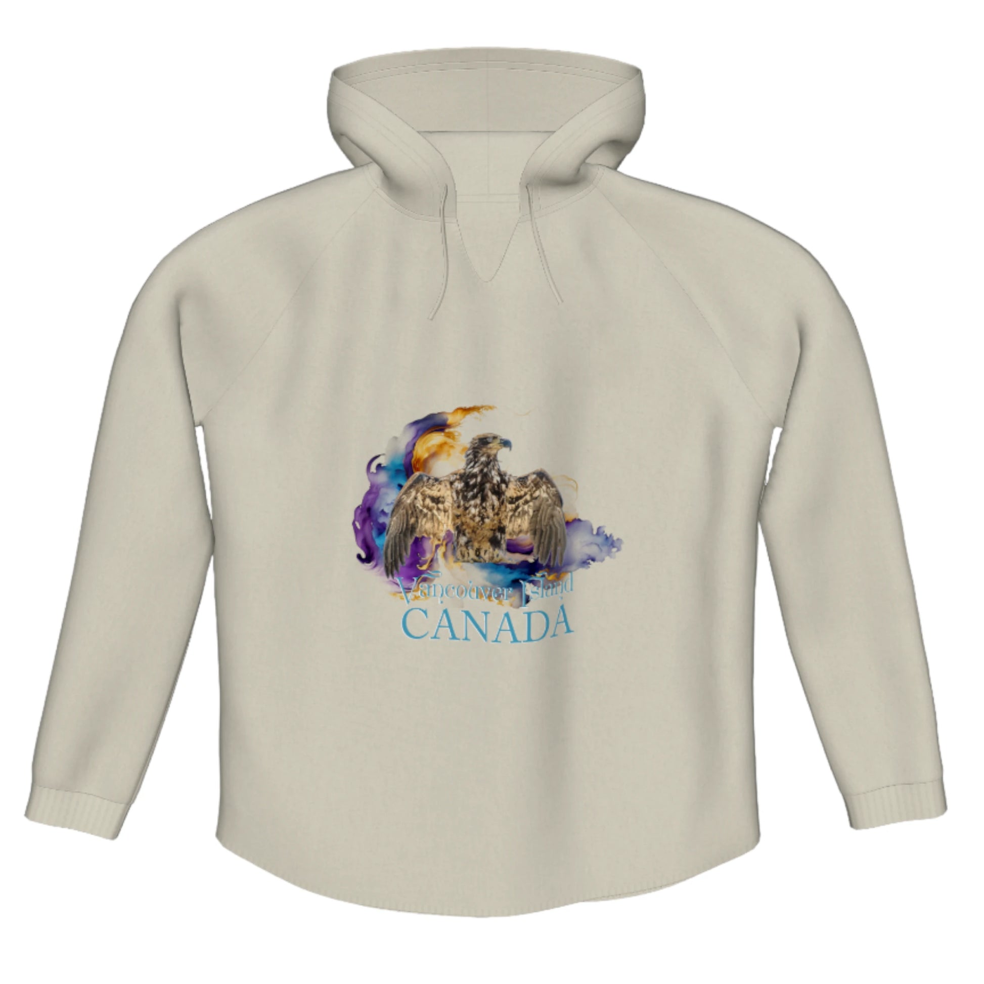 Thunderbird Vancouver Island Canada Flow Pullover Hoodie. The image is of a eagle in the thunderbird position with a colourful abstract background.  The words read Vancouver Island Canada.