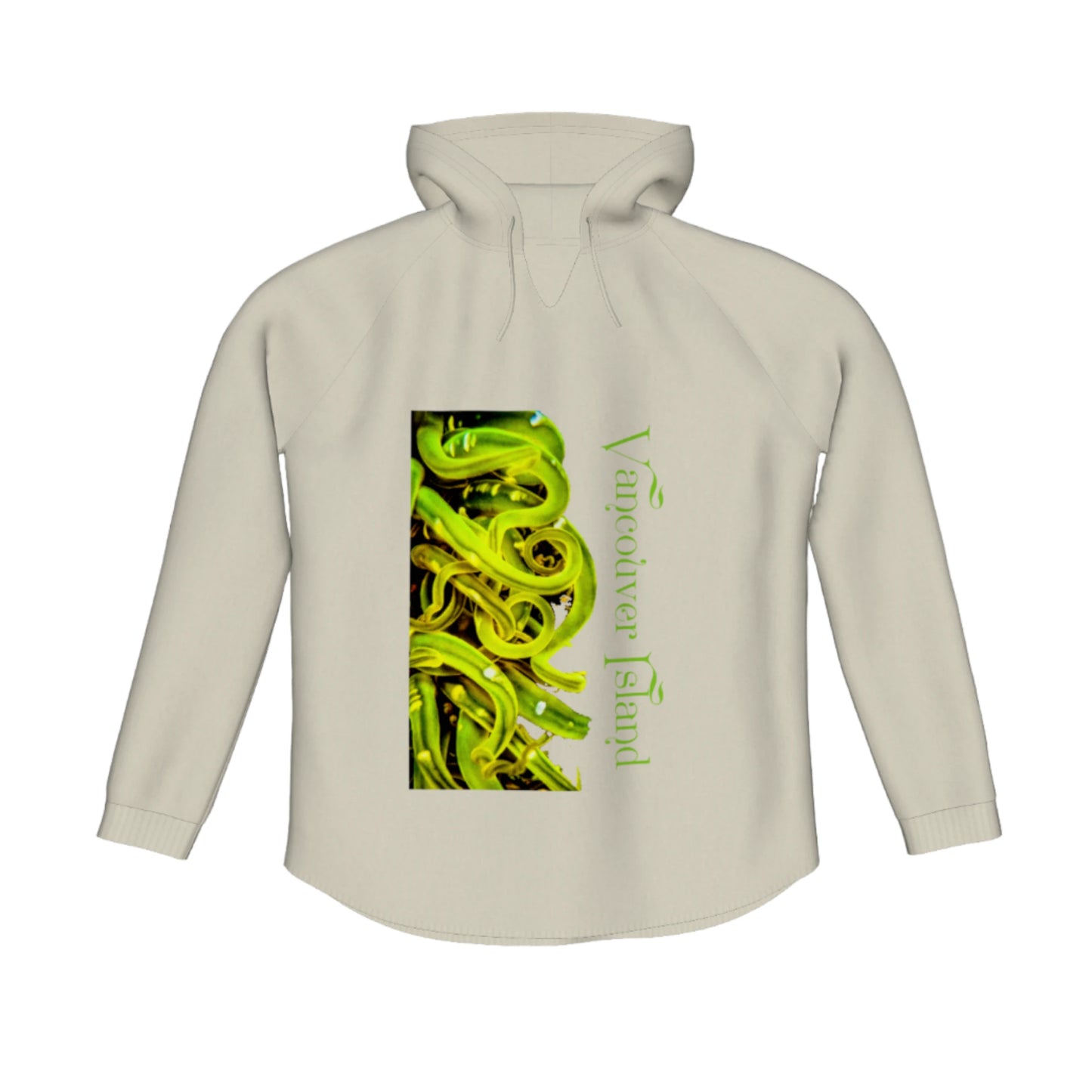 Vancouver Island Sea Anemone Flow Pullover Hoodie. The image is of a green sea anemone underwater at low tide. The words read Vancouver Island.