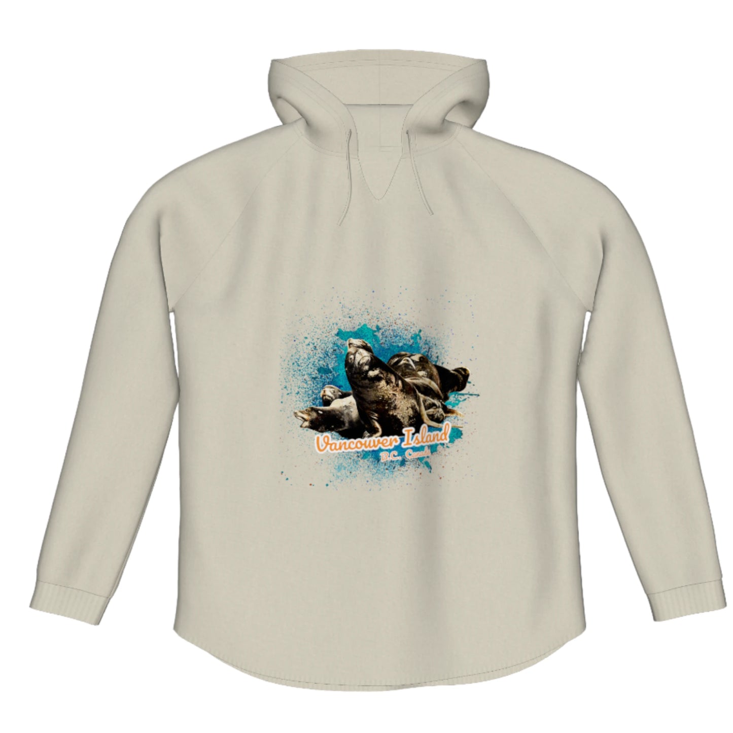 What's Up Sea Lions Vancouver Island Canada Flow Pullover Hoodie. The image is of a group of sea lions on a log raft.  The words read Vancouver Island, BC Canada