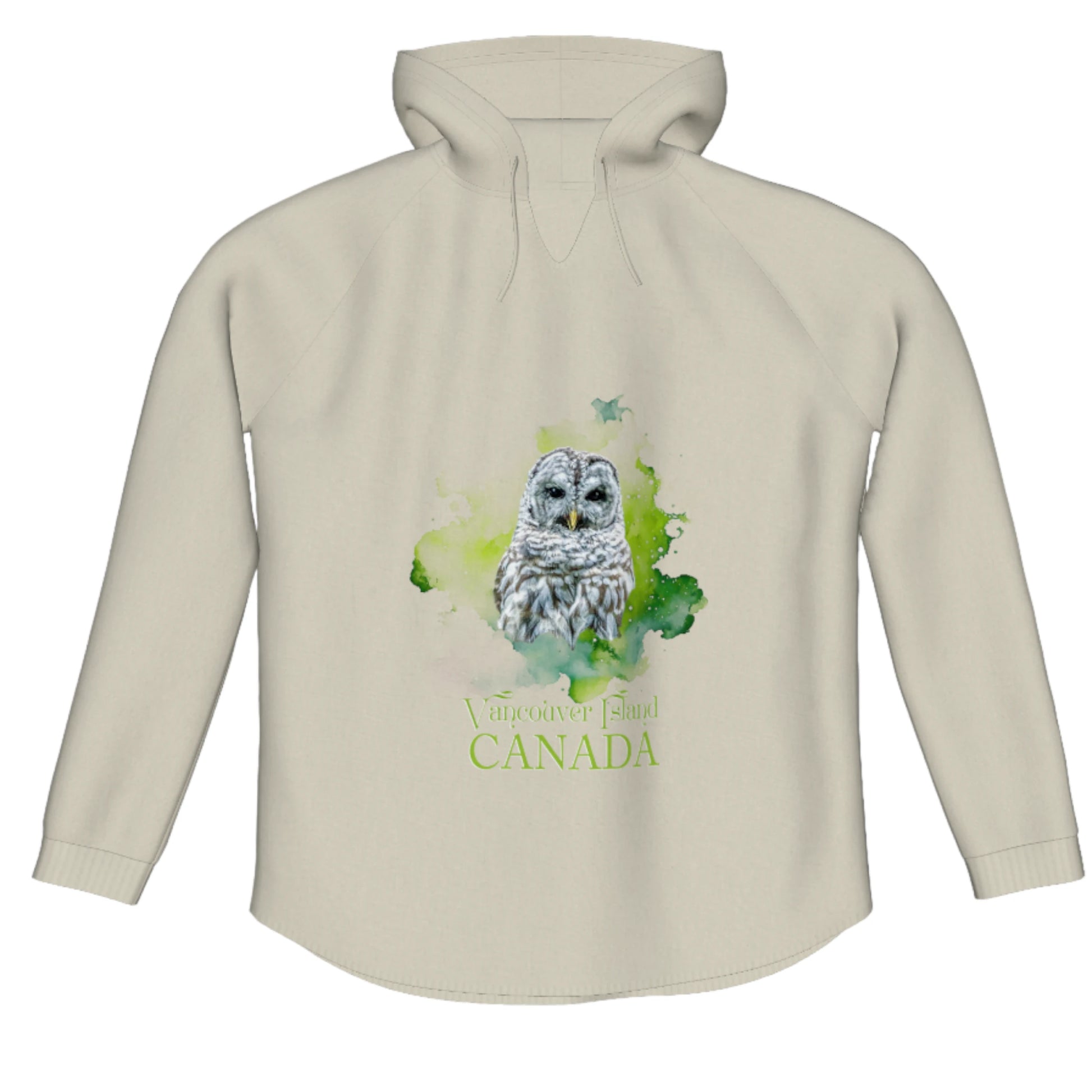 Wise Owl Vancouver Island Canada Flow Pullover Hoodie. The image is of a barred owl with a green colourful abstract background.  The words say Vancouver Island Canada.