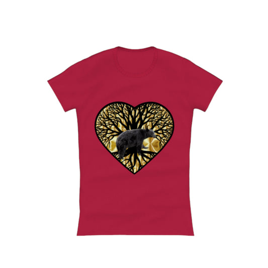 Bear Heart Comfort Slim Fit T-Shirt. The image on the front of the shirt is a heart with a tree of life and a bear and gold background. by van isle goddess dot com