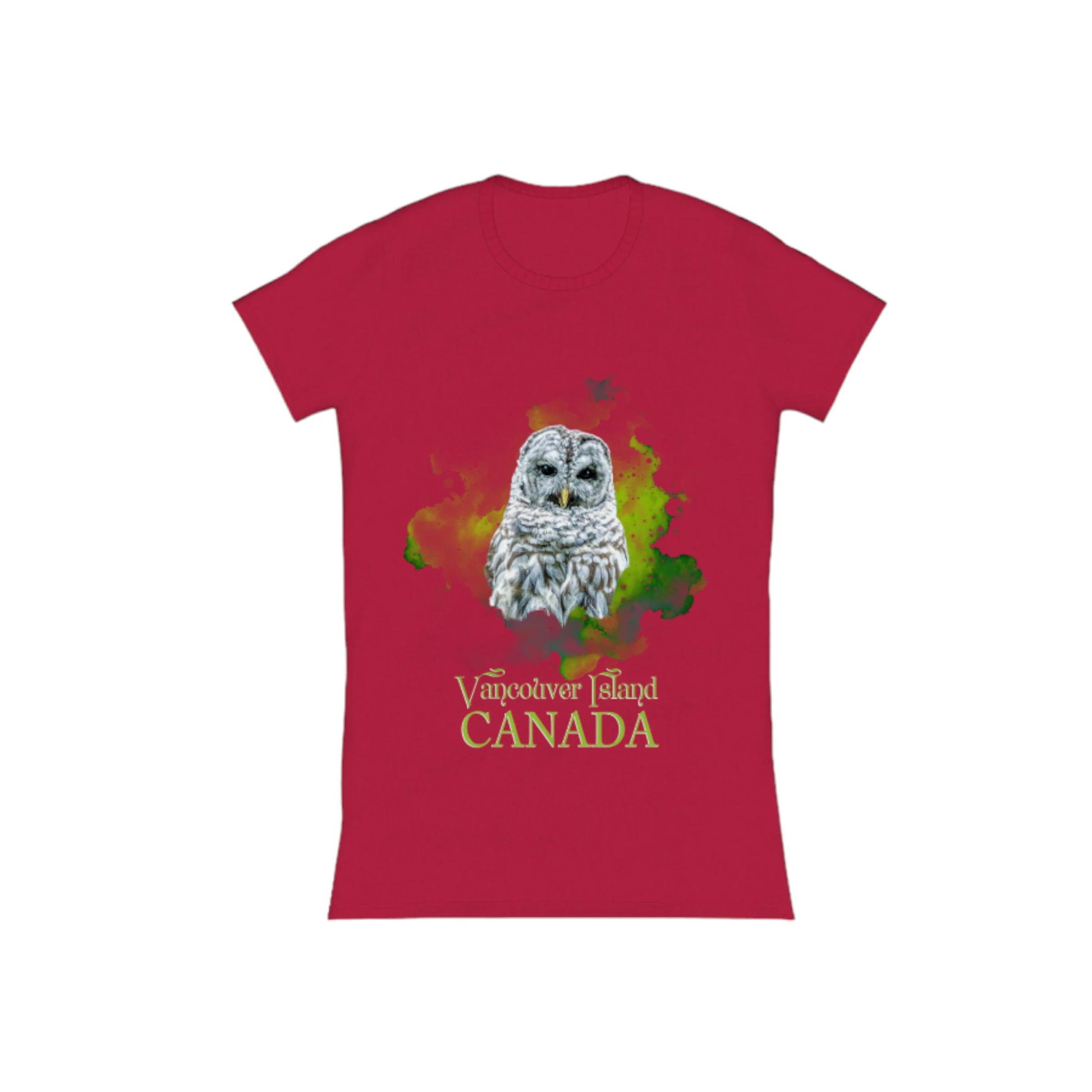 Wise Owl Vancouver Island Canada Comfort Slim Fit T-shirt. the image is of a barred owl with a green abstract background. the words on the front read Vancouver Island Canada