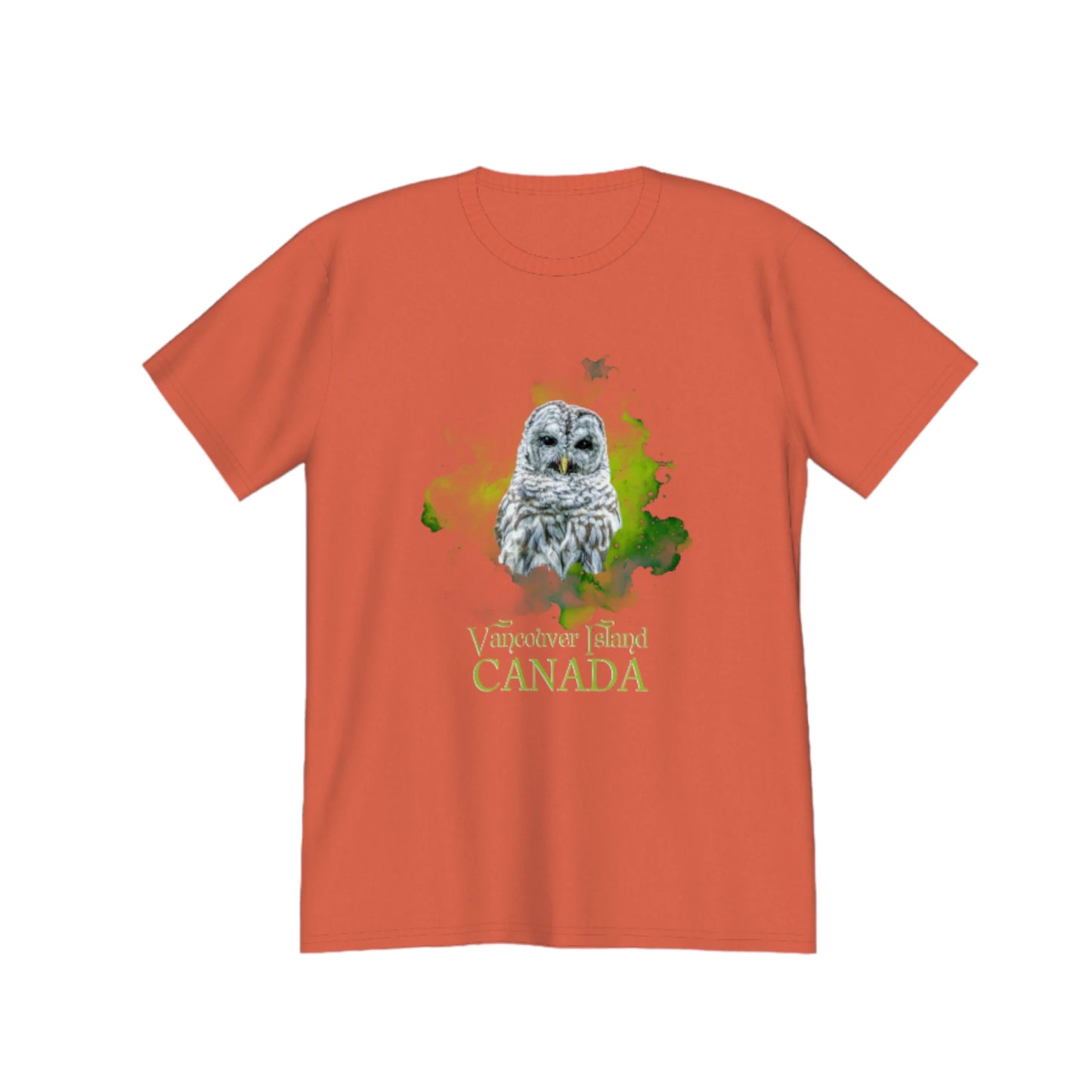 Wise Owl Vancouver Island Canada Premium Unisex T-shirt. The image is of a barred owl close up with a green abstract background. by van isle goddess dot com