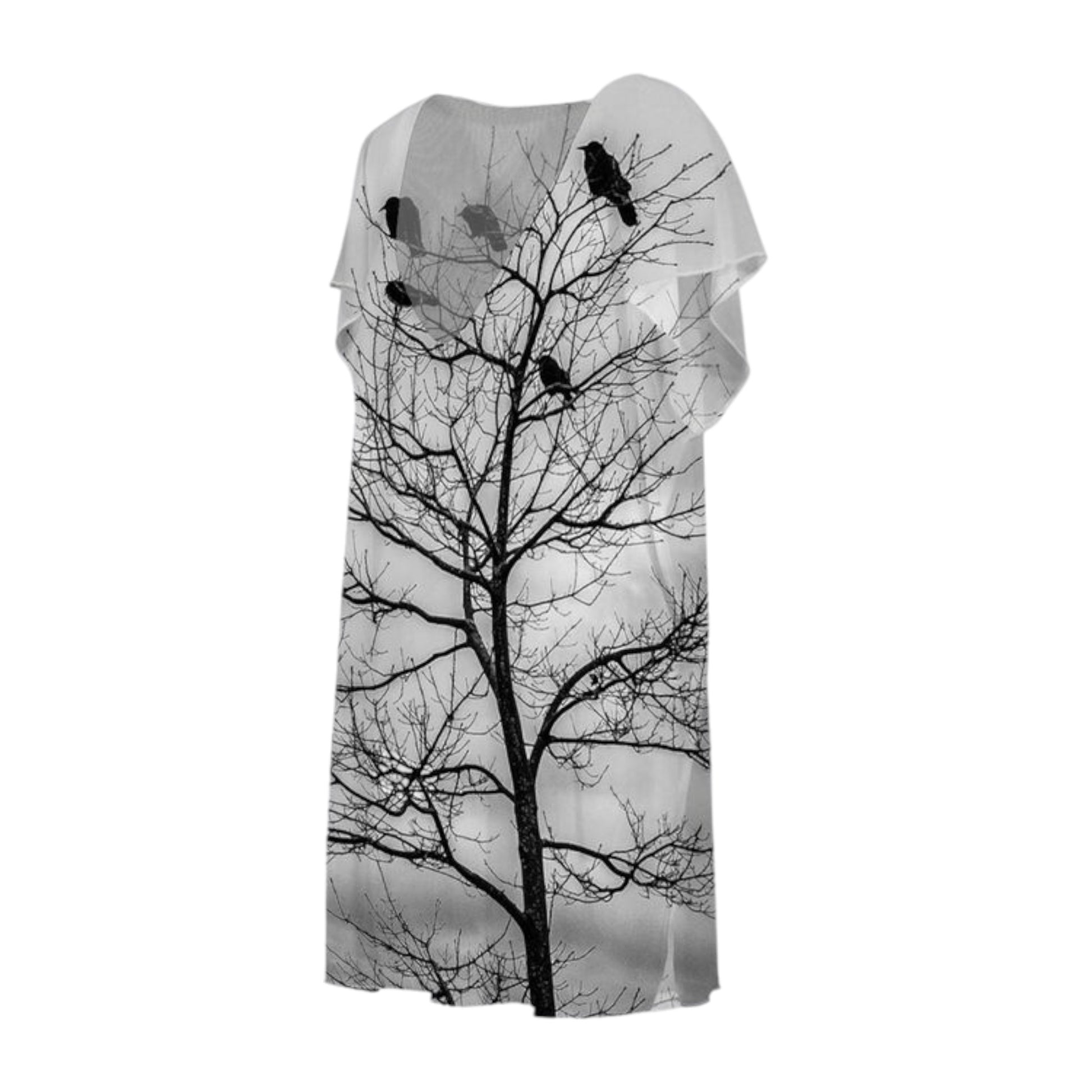 All over print beach dress with a tree full of crows. 