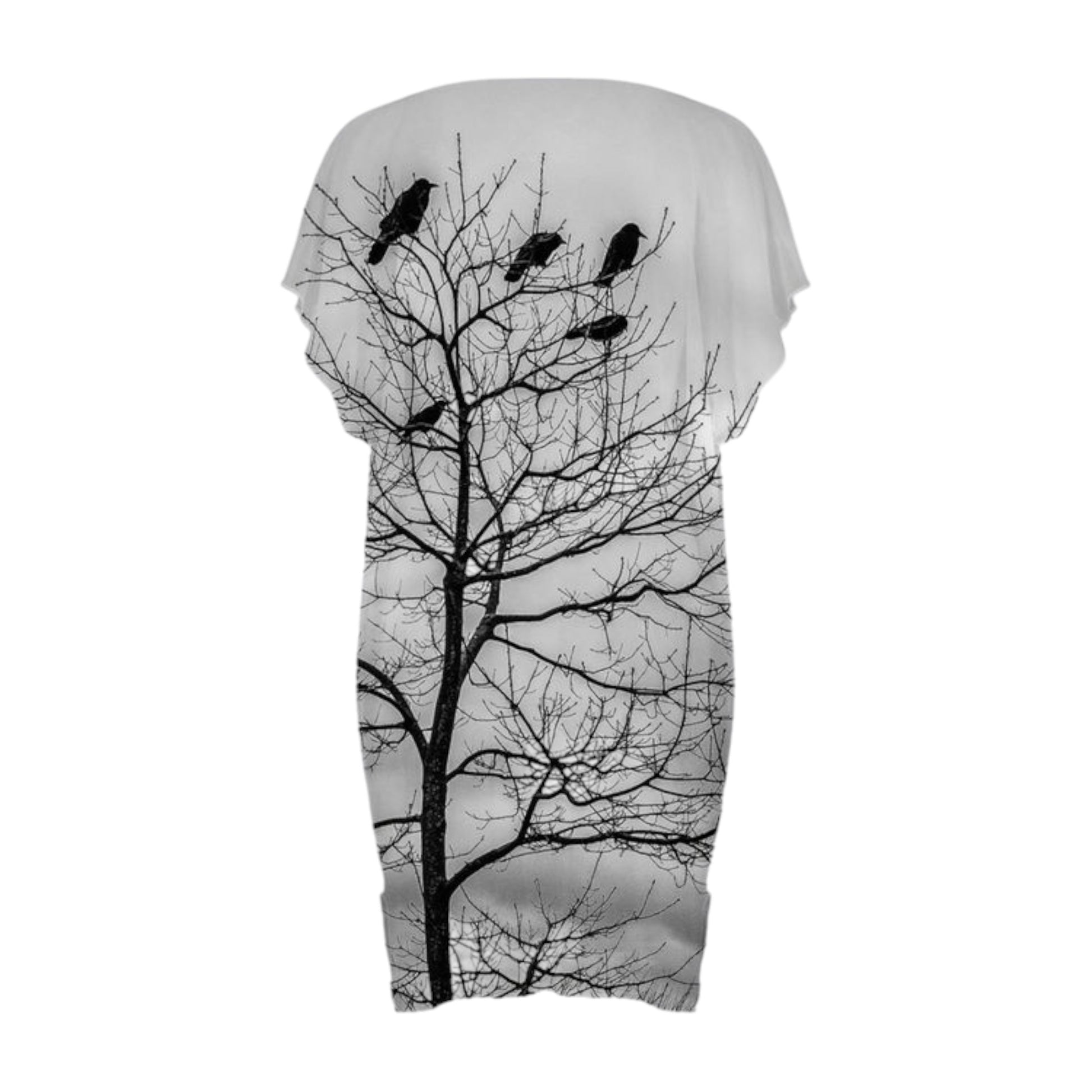 All over print beach dress with a tree full of crows. 