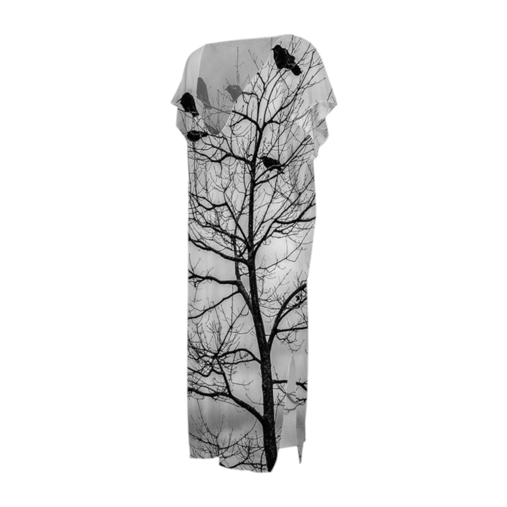 All over print dress with crows perched in a tree.