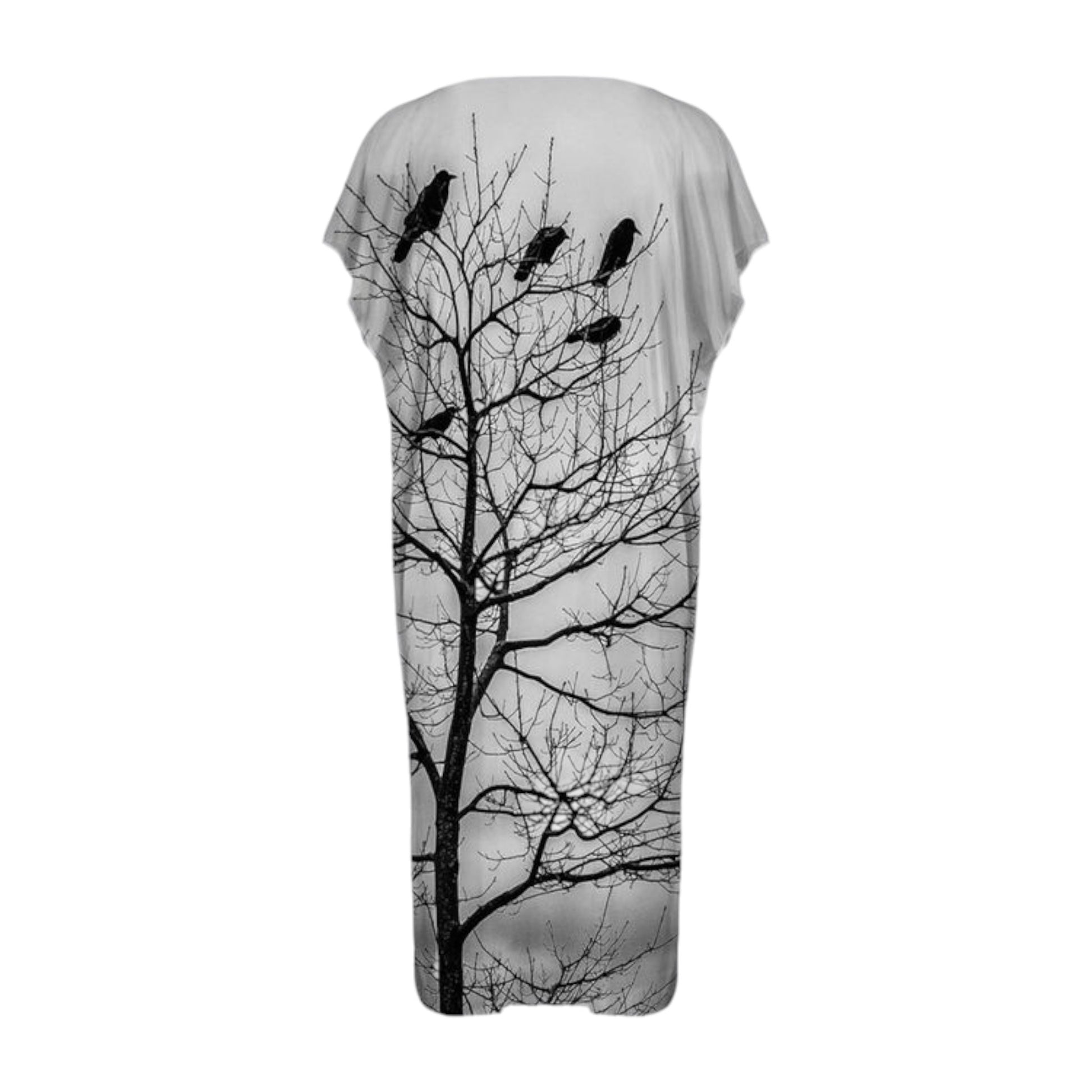 Back side All over print dress with crows perched in a tree.