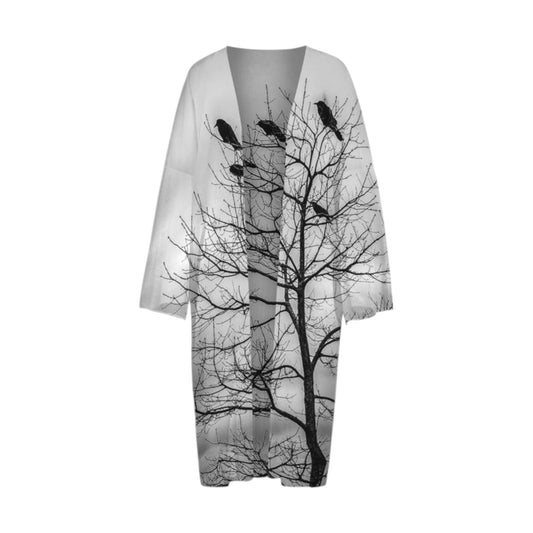 All over print Crows long sleeve kimono.  Image is of crows in a tree.