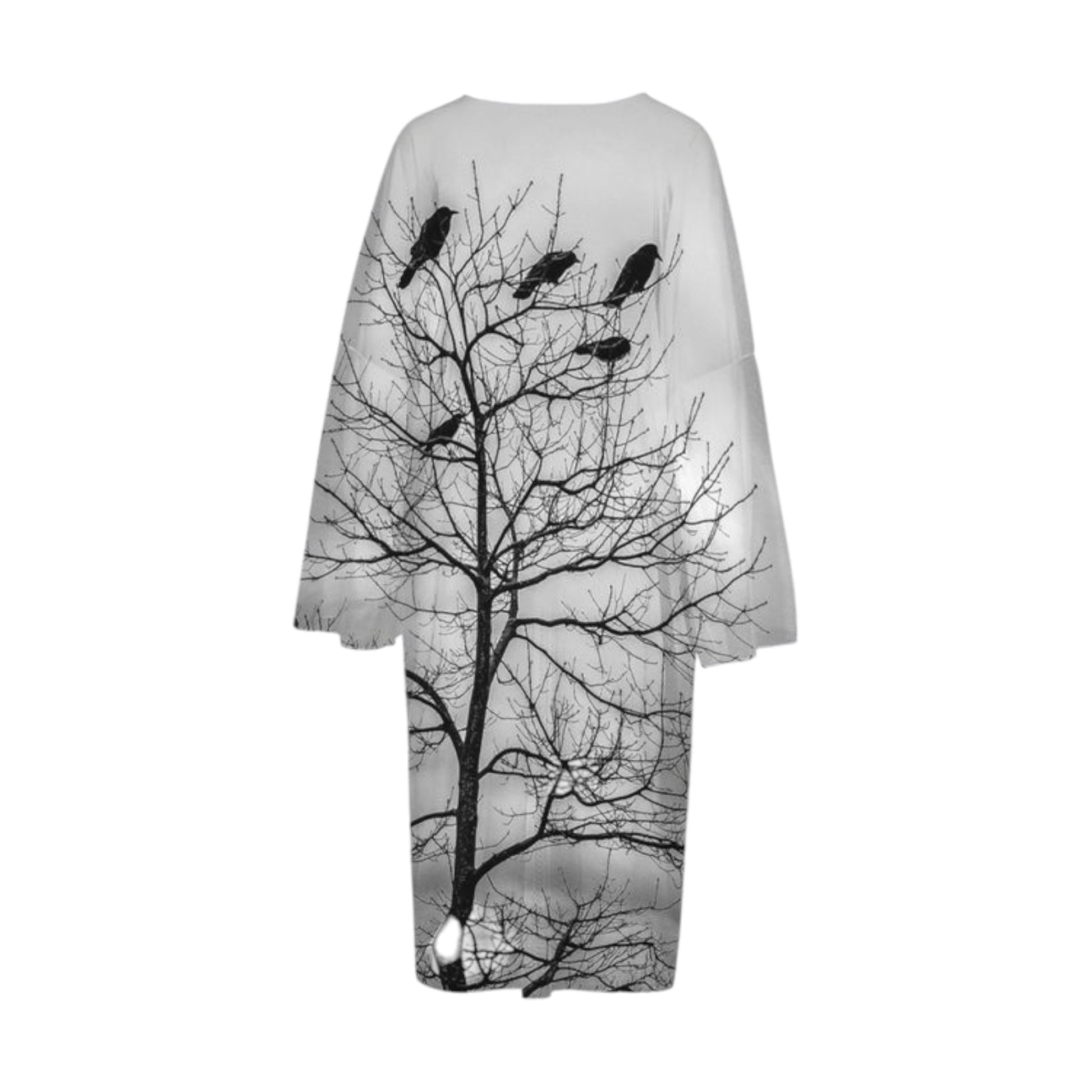 Back side All over print Crows long sleeve kimono.  Image is of crows in a tree.