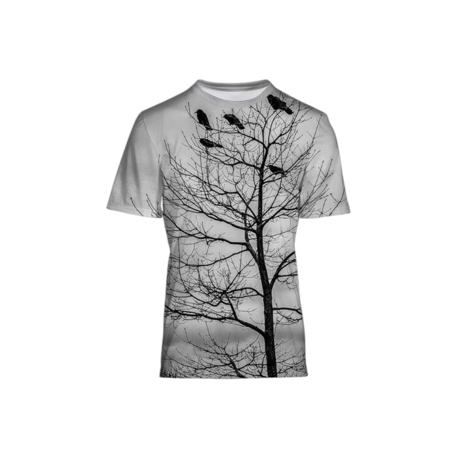 Men's all over print shirt with image of crows perched in a tree. Color is black and white.