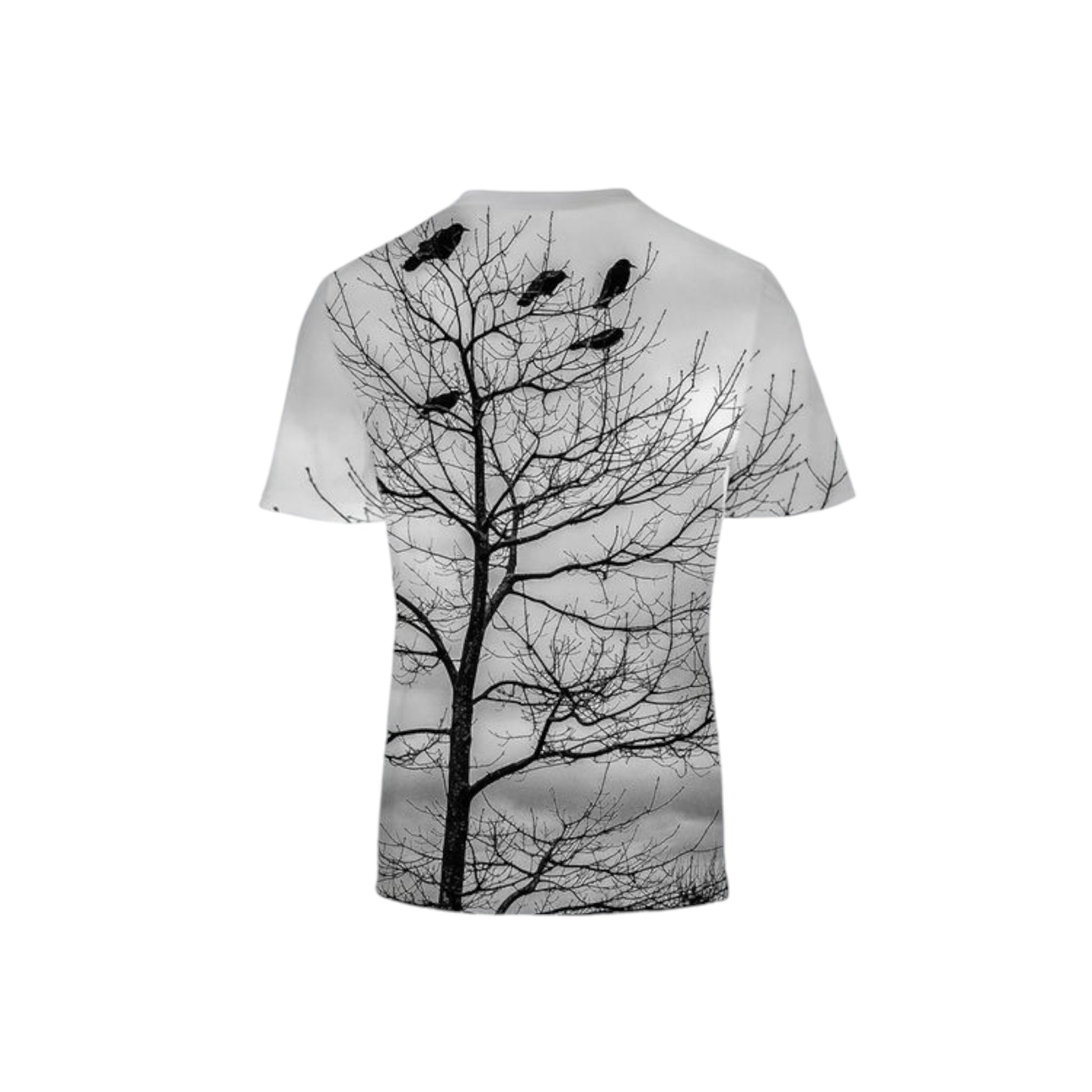 Back side of the Men's all over print shirt with image of crows perched in a tree. Color is black and white.