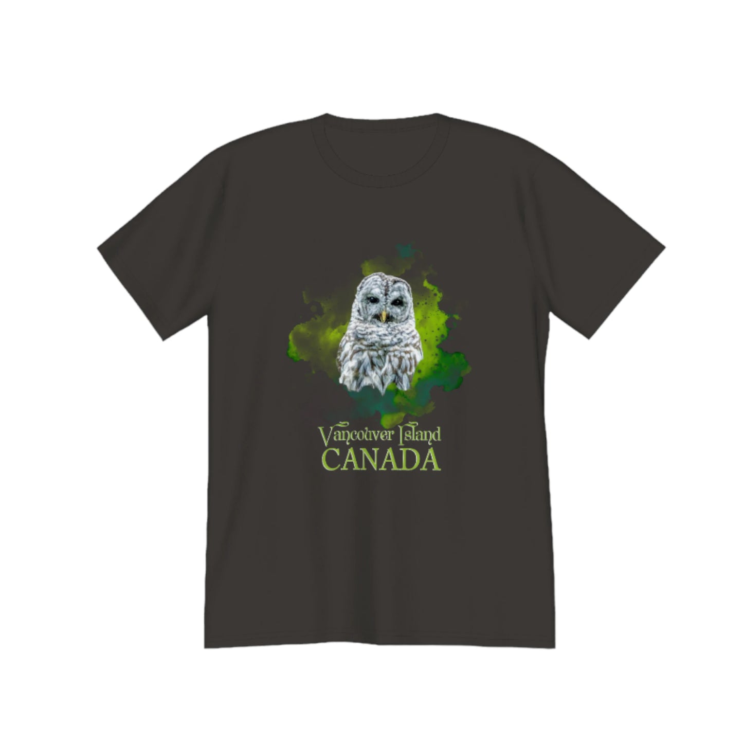 Wise Owl Vancouver Island Canada Premium Unisex T-shirt. The image is of a barred owl close up with a green abstract background. by van isle goddess dot com