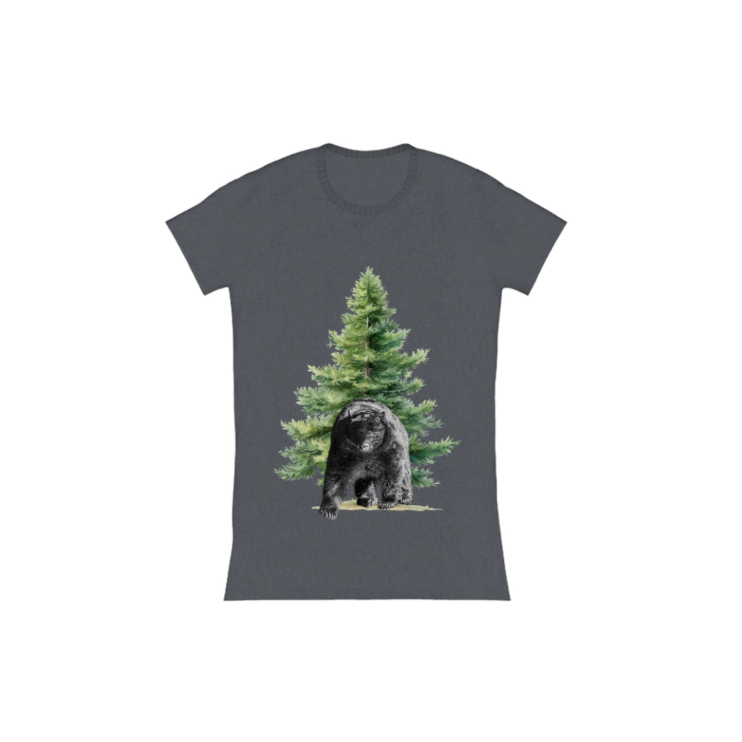 Observant Bear Comfort Slim Fit T-Shirt. The image is of a bear in front of a tree.  by van isle goddess dot com