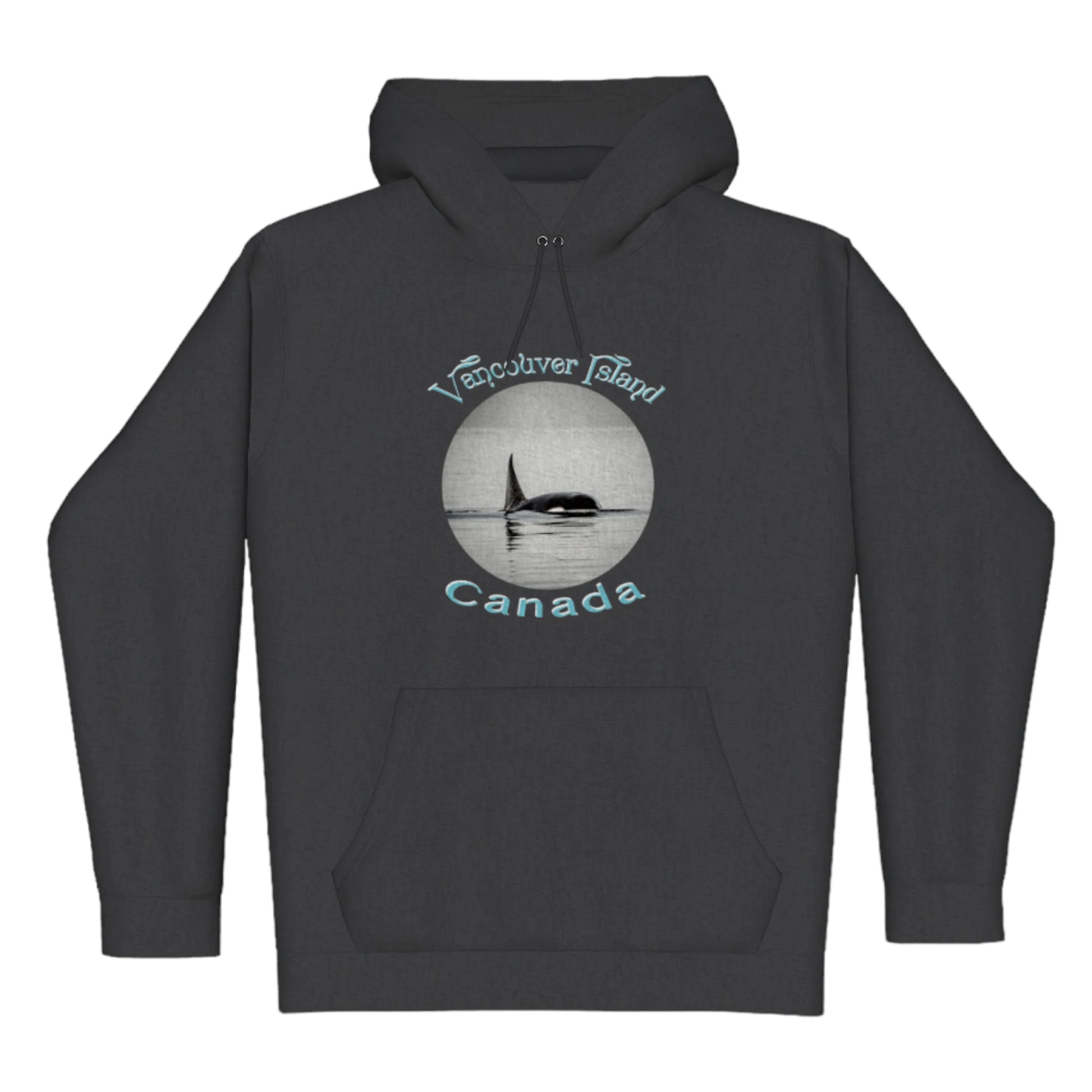 Orca Spray Vancouver Island Canada Premium Pullover Hoodie. The image is of a orca swimming in the Johnstone Strait. the words read Vancouver island Canada.