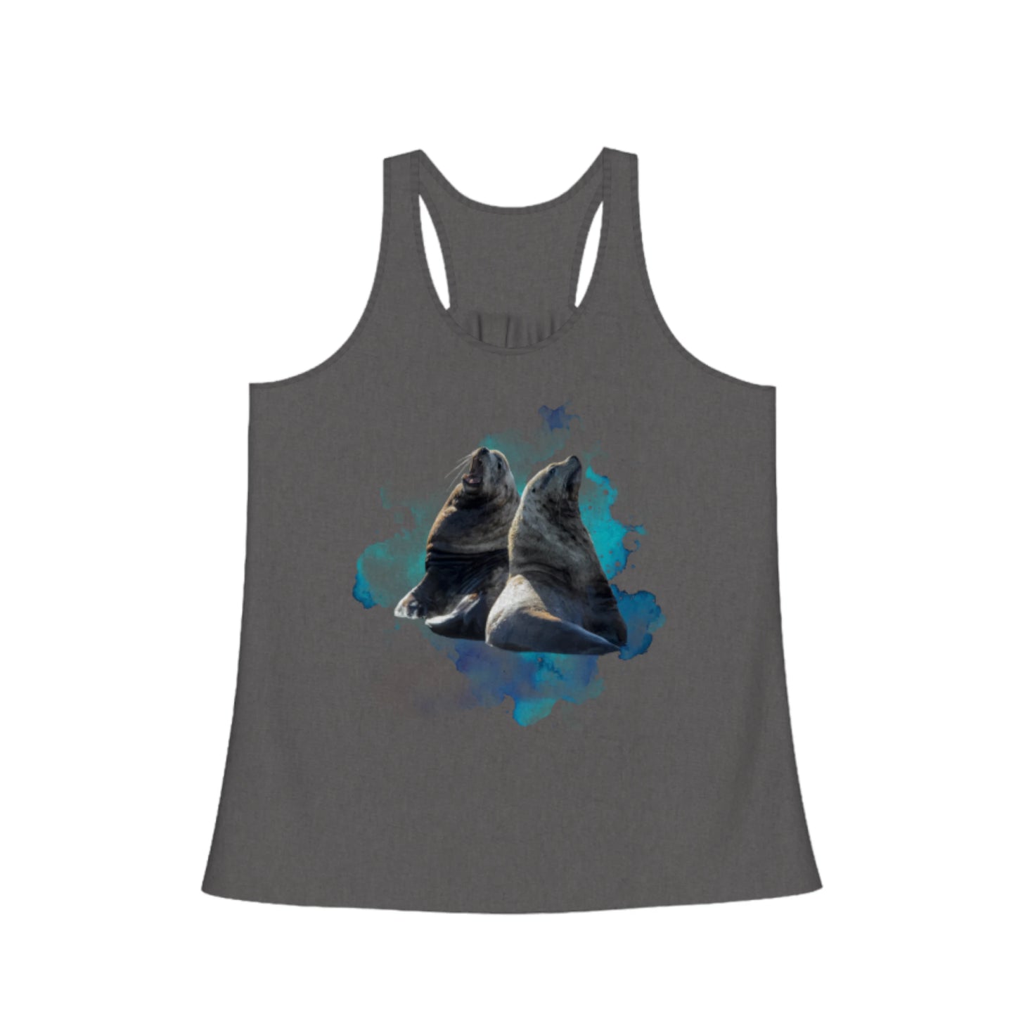 Sea Lions Communication Flow Racerback Tank Top in black.  The image on the front shows two sea lions on a abstract ocean blue background. By van isle goddess dot com