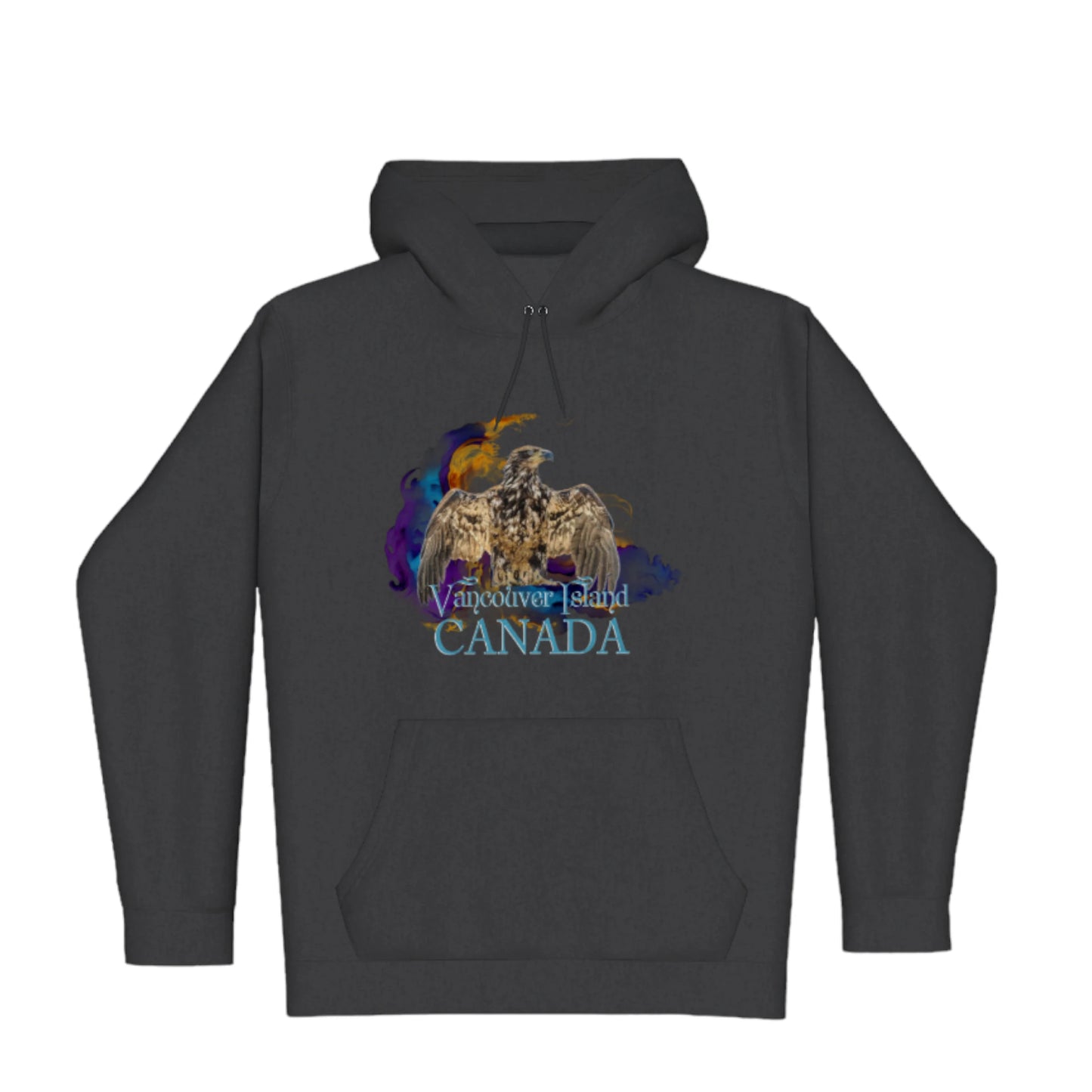 Thunderbird Vancouver Island Canada Premium Pullover Hoodie. The image is of a eagle in the thunderbird position with a colourful abstract background. The words read Vancouver Island Canada.