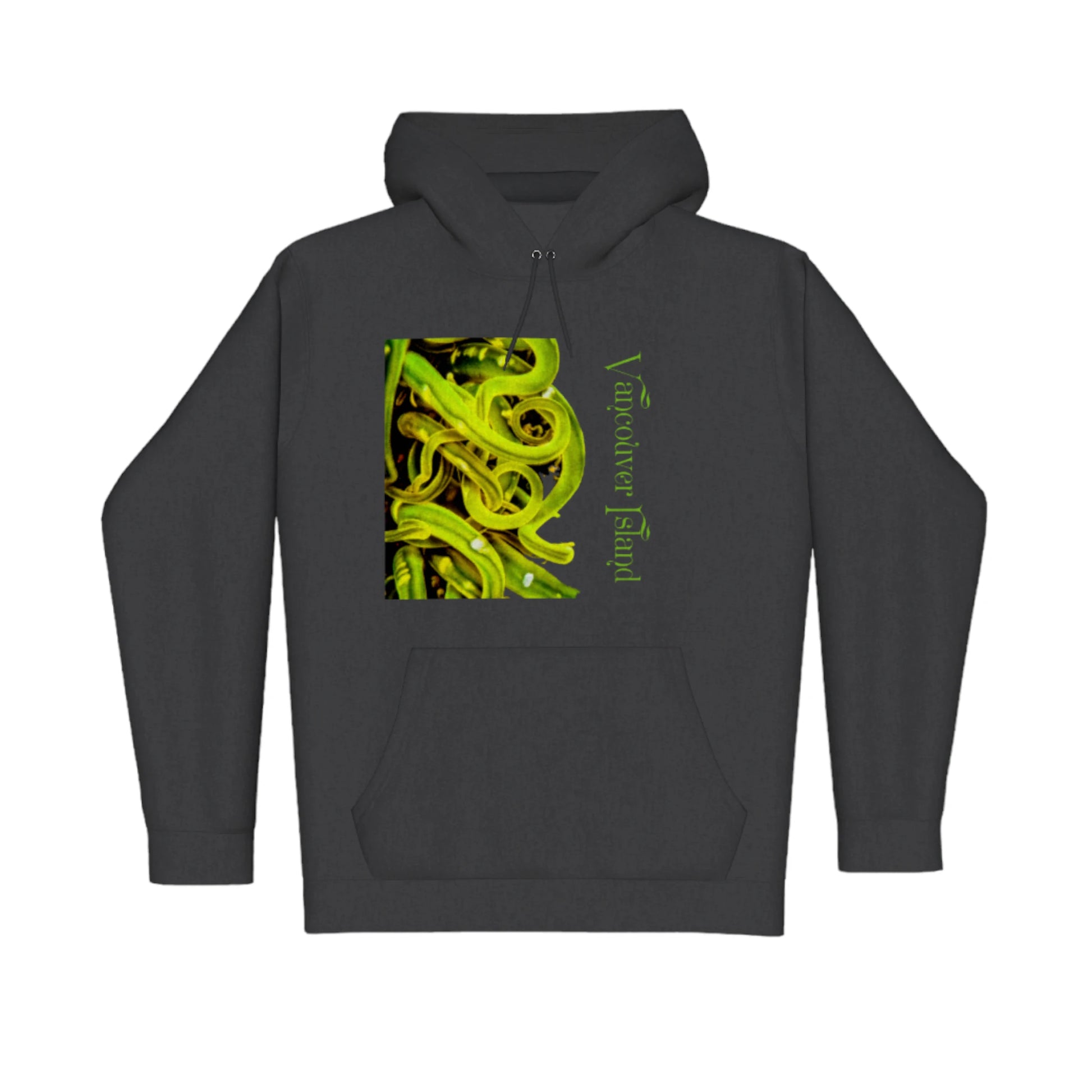 Vancouver Island Sea Anemone Premium Pullover Hoodie. The image is of a green sea anemone tentacles under water. The words are Vancouver Island.