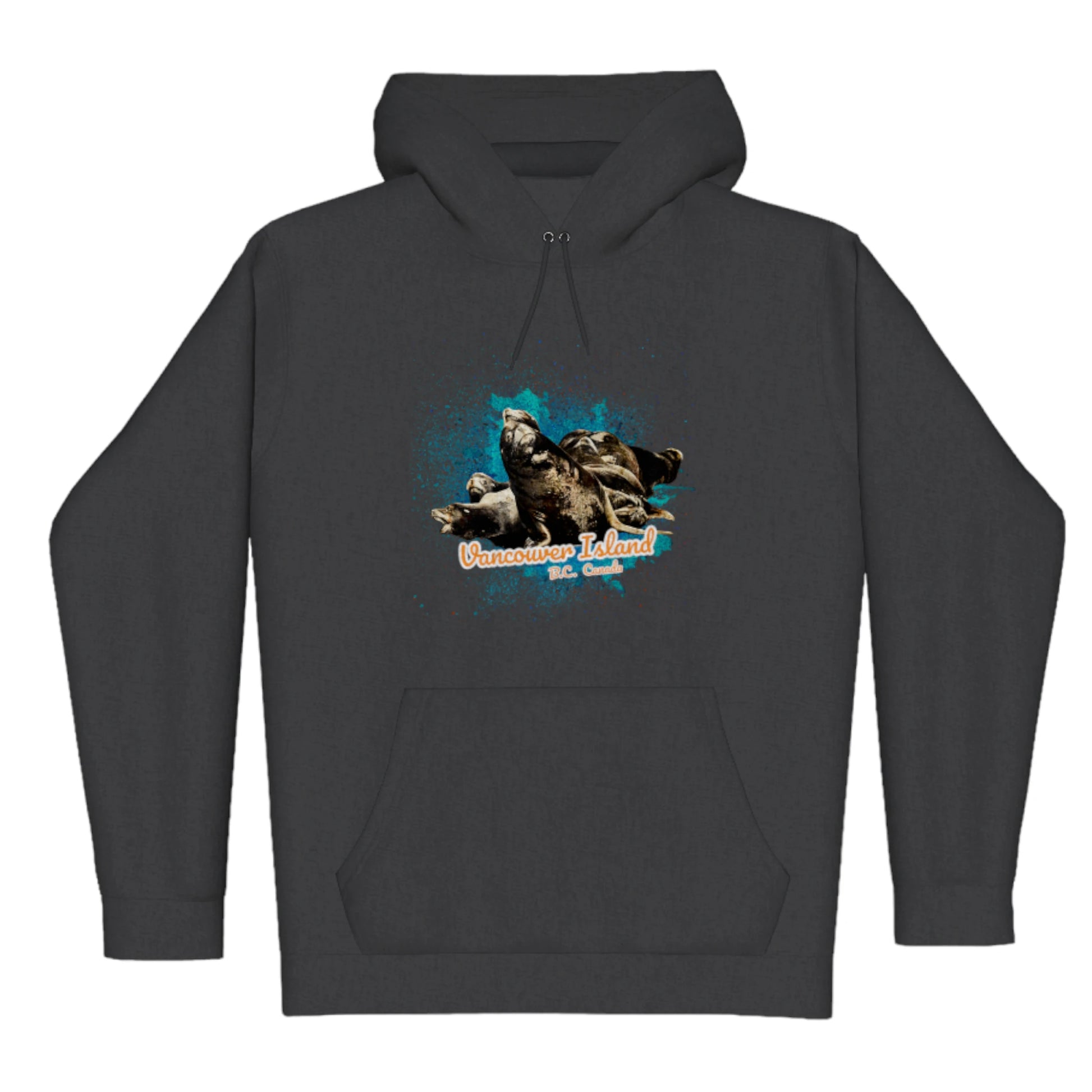 What's Up Sea Lions Vancouver Island BC Canada Premium Pullover Hoodie. The image is of a  group of sea lions on a log raft. The words read Vancouver Island BC Canada.