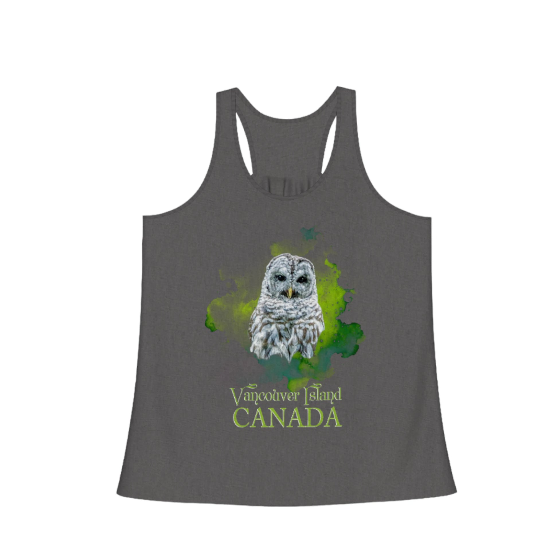 Wise Owl Vancouver Island Canada Flow racerback tank top.  The image on the front of the top is a barred owl with a abstract of shades of green. by van isle goddess dot com