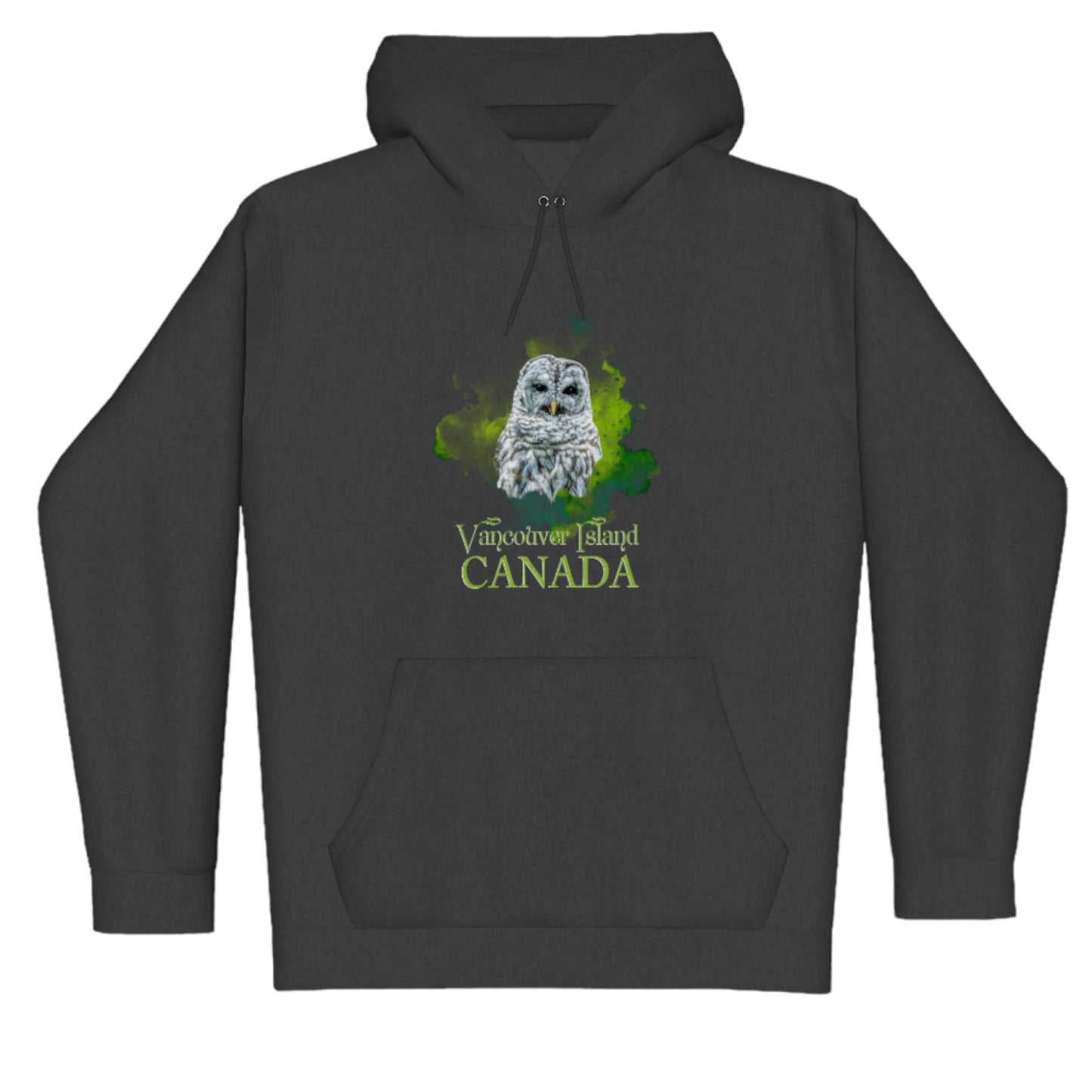 Wise Owl Vancouver Island Canada Premium Pullover Hoodie. The image is of a barred owl with a colourful green abstract background, The words read Vancouver Island Canada.