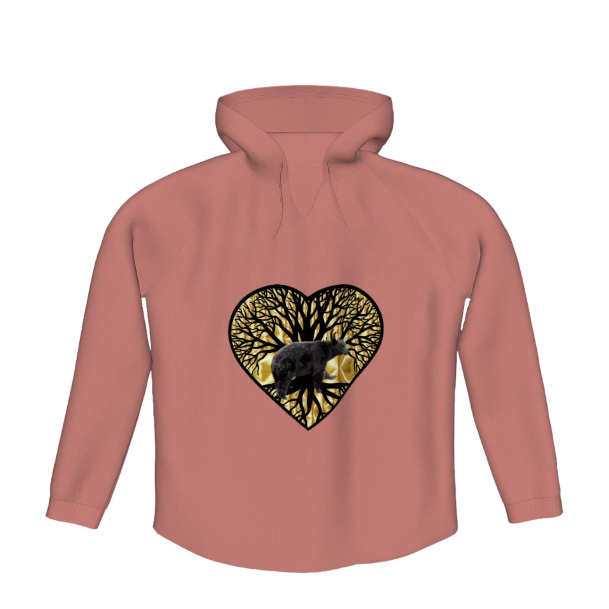 Bear Heart Flow Pullover Hoodie. The image is of a heart with a tree of life and a bear on a gold background.