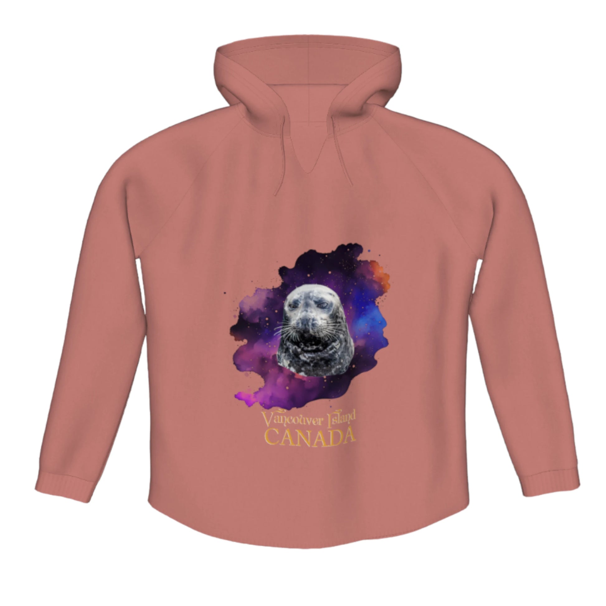 I Love Lucy Vancouver Island Canada Flow Pullover Hoodie. The image is of a harbour seal with a colourful abstract background. the words read Vancouver Island Canada