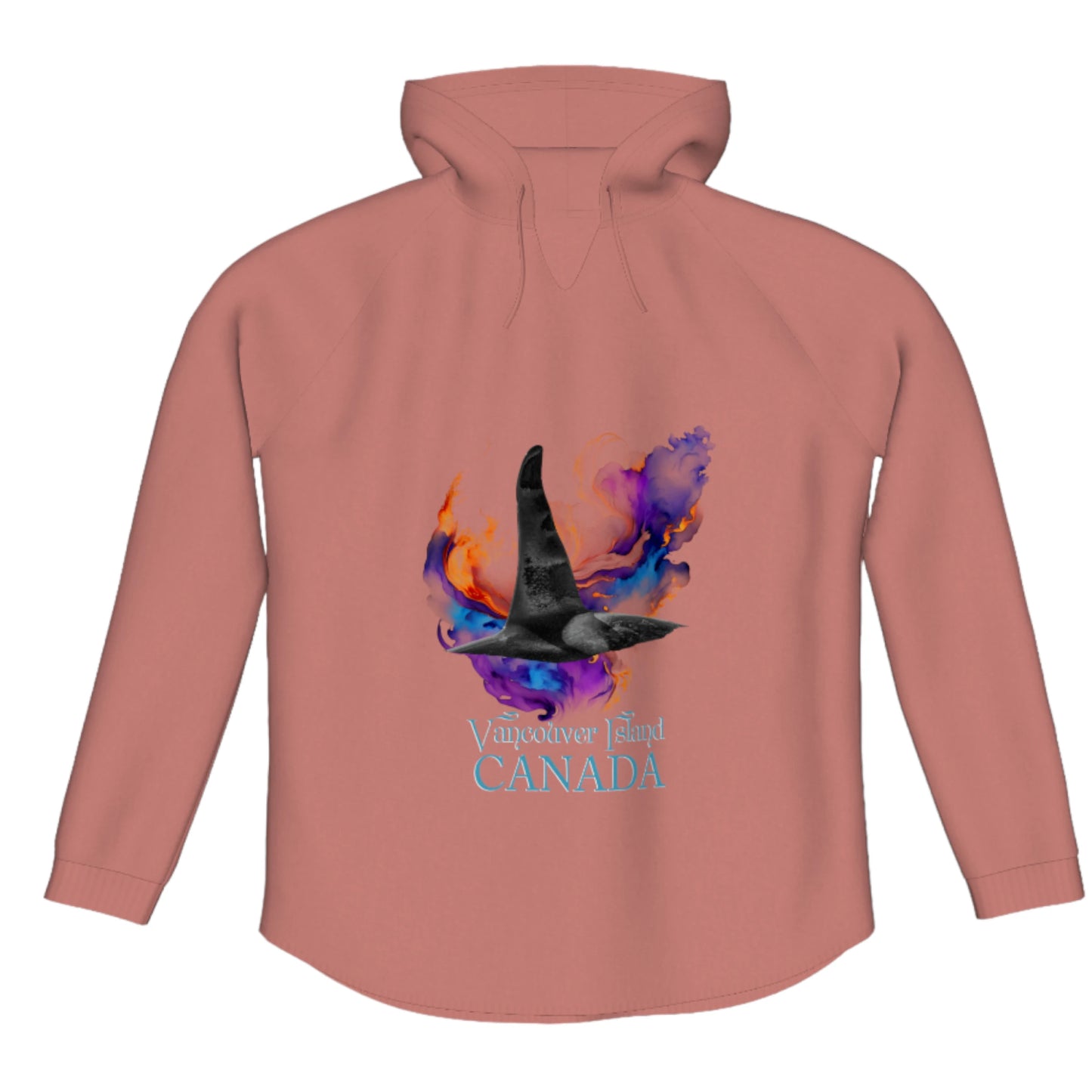 Orca Aura Vancouver Island Canada Flow Pullover Hoodie. The image is of a male orca dorsal fin on a colourful abstract background.  the words read Vancouver Island Canada