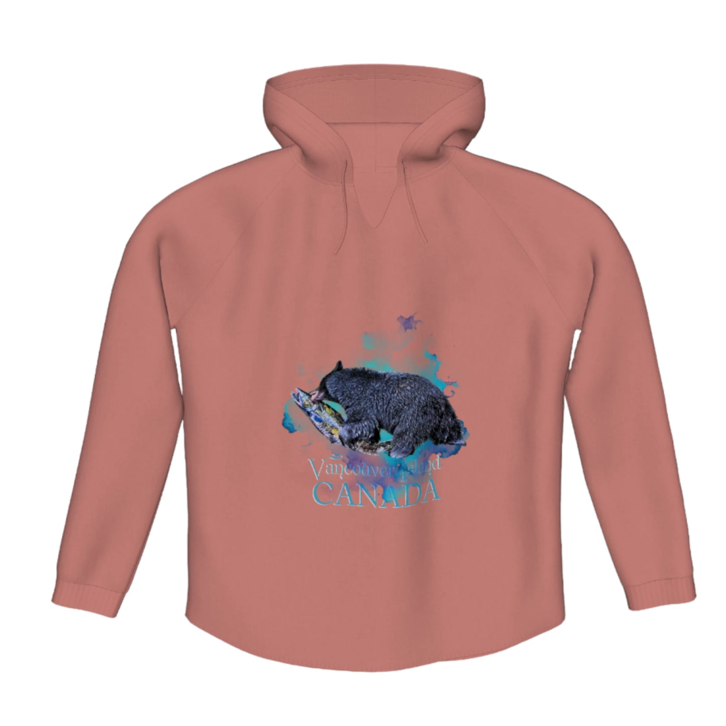 Salmon Bear Vancouver Island Canada Flow Pullover Hoodie. The image is of bear with a fresh salmon in its mouth.