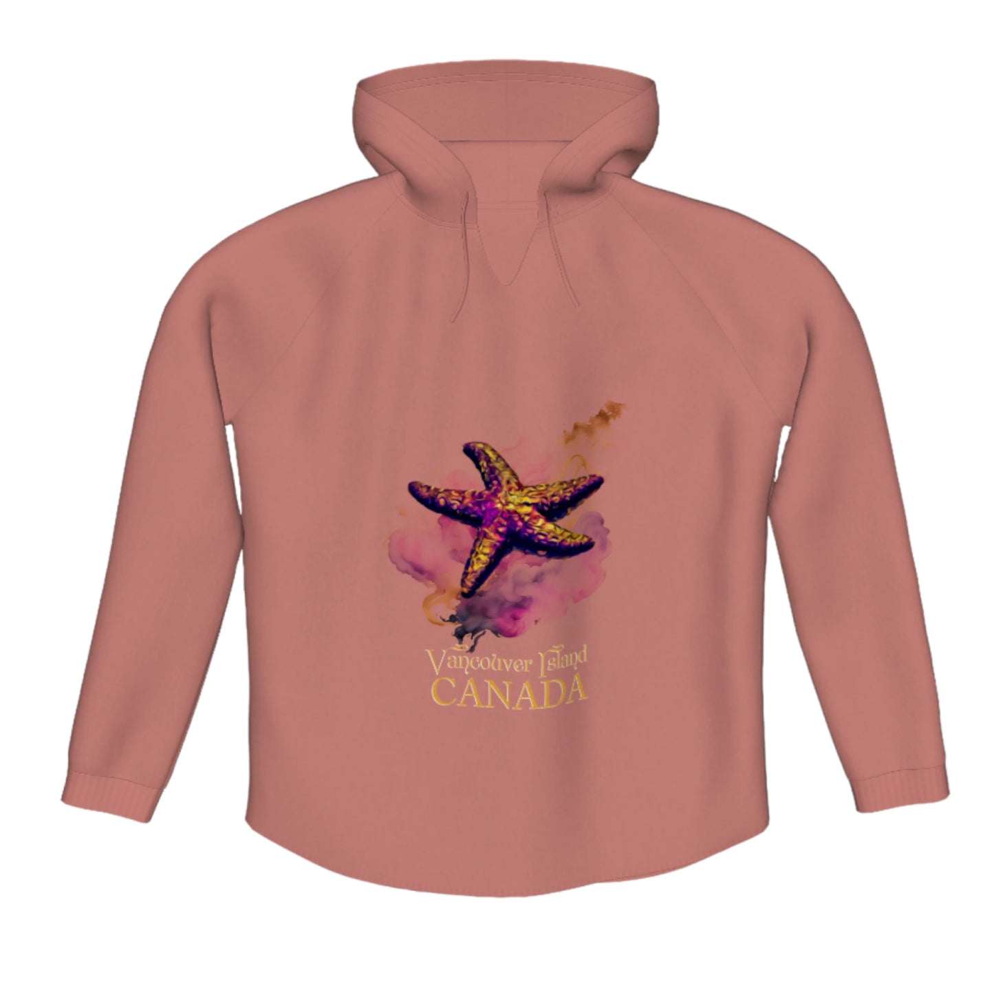 Star Track Vancouver Island Canada Flow Pullover Hoodie. The image is of a starfish on a colourful abstract background.