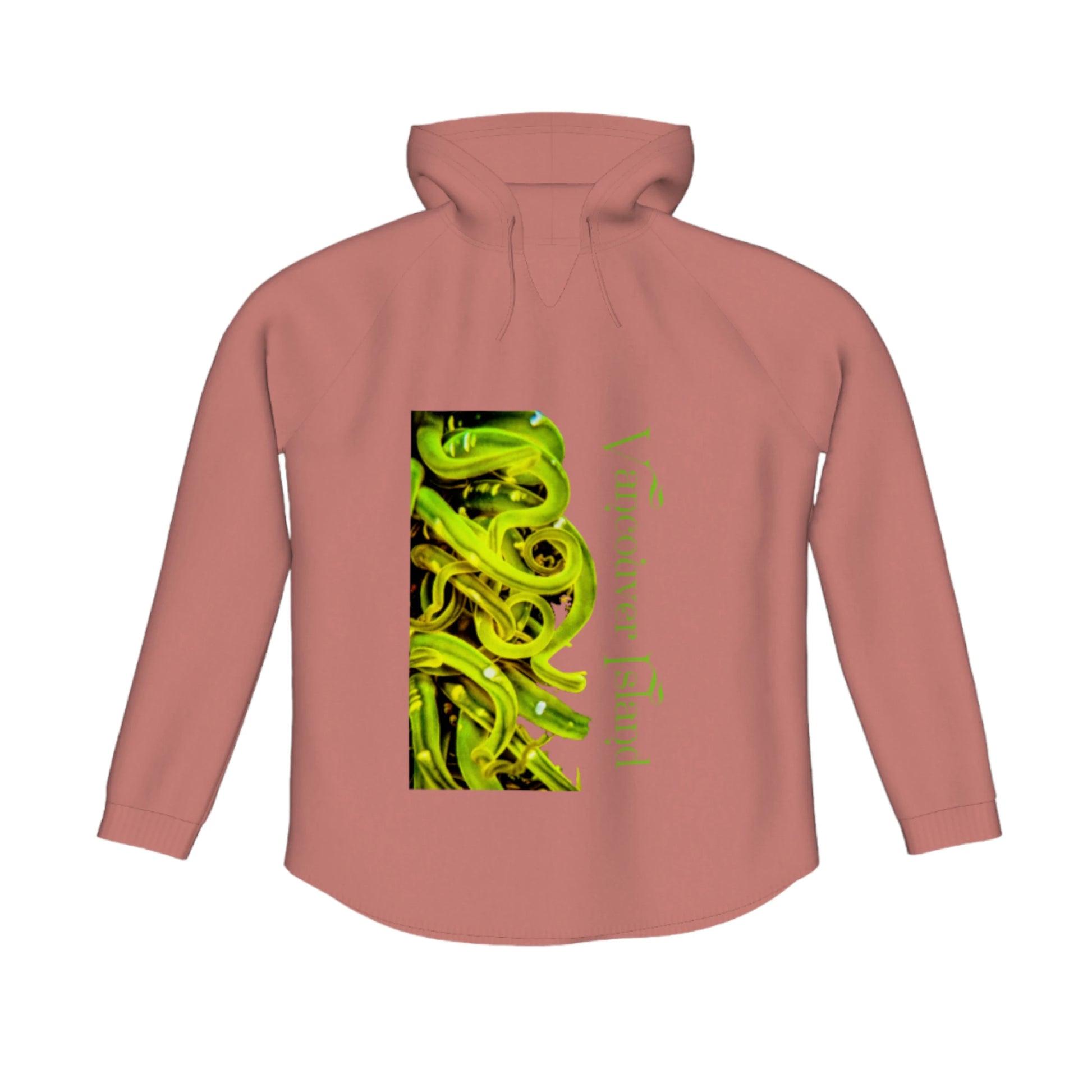 Vancouver Island Sea Anemone Flow Pullover Hoodie. The image is of a green sea anemone underwater at low tide. The words read Vancouver Island.