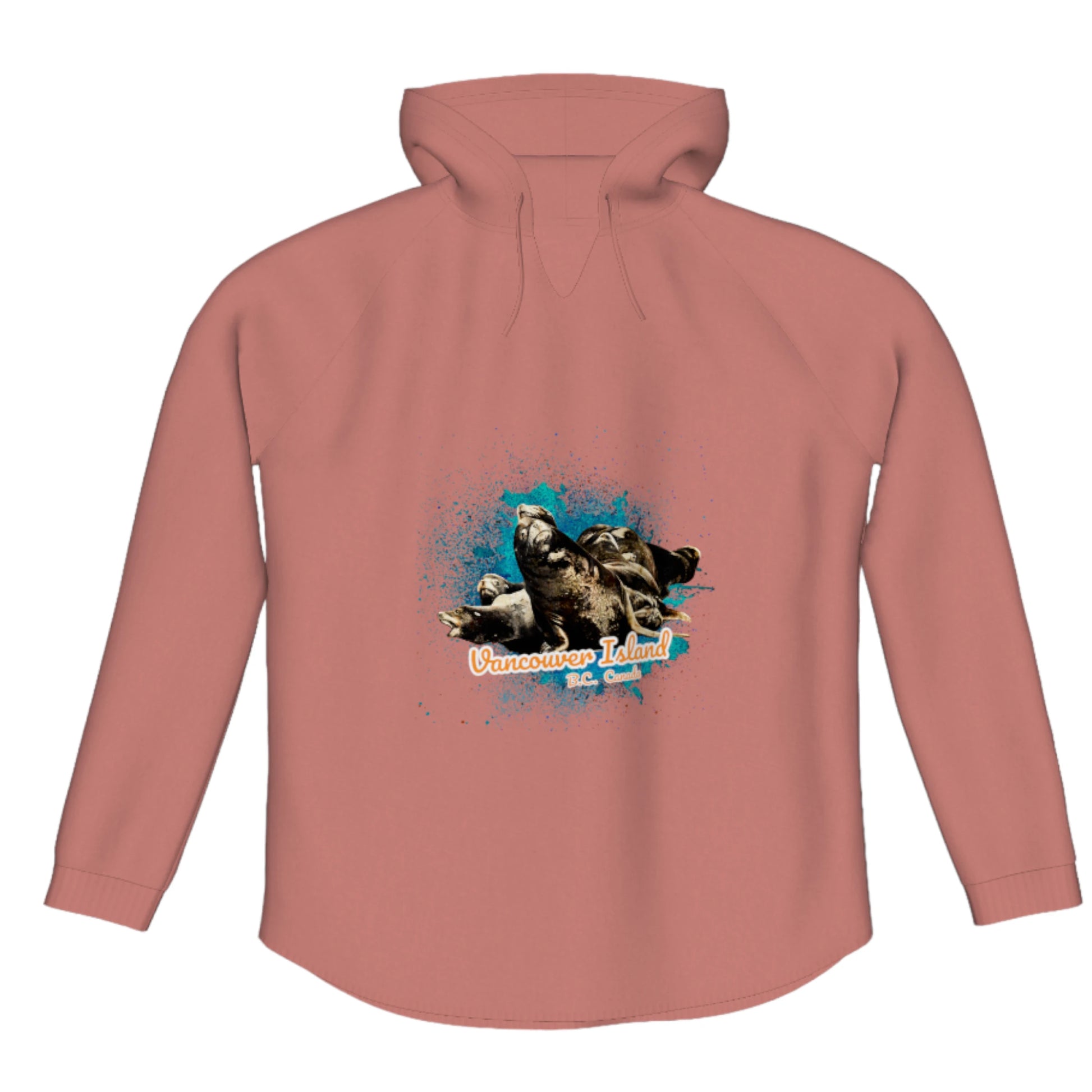 What's Up Sea Lions Vancouver Island Canada Flow Pullover Hoodie. The image is of a group of sea lions on a log raft.  The words read Vancouver Island, BC Canada