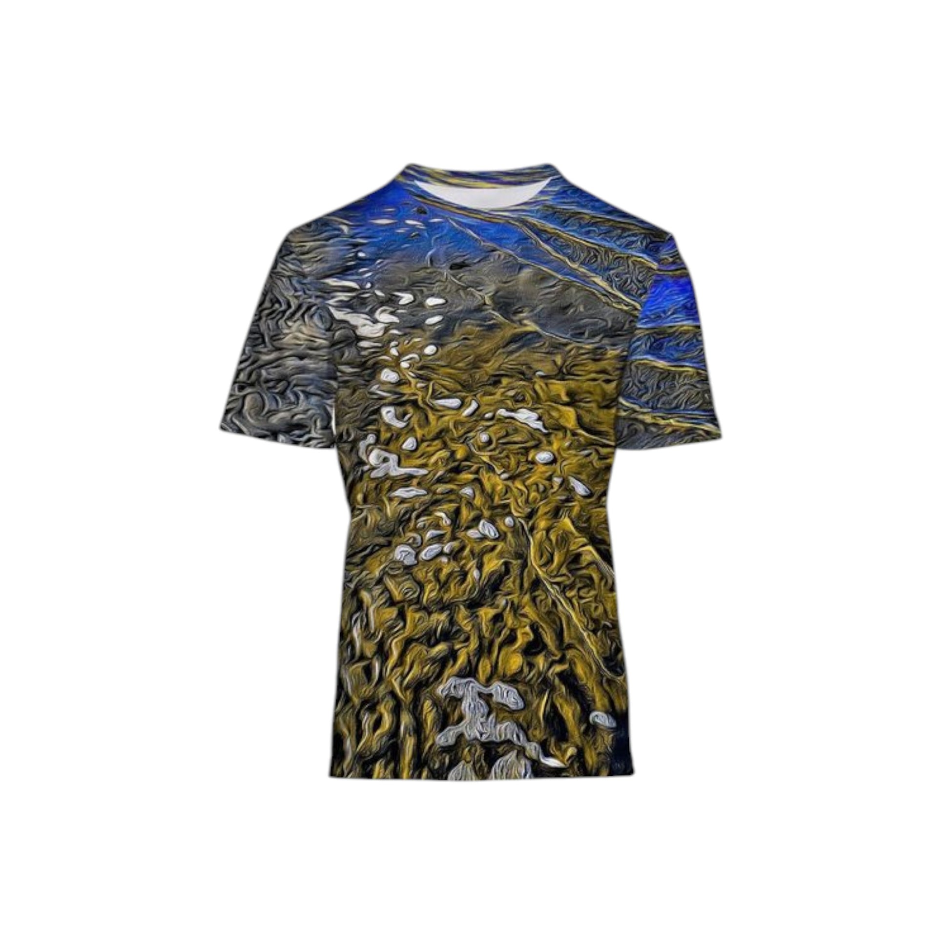 Men's all over printed t-shirt.  The image if called Ebb and Flow.  It is of the beach at low tide.