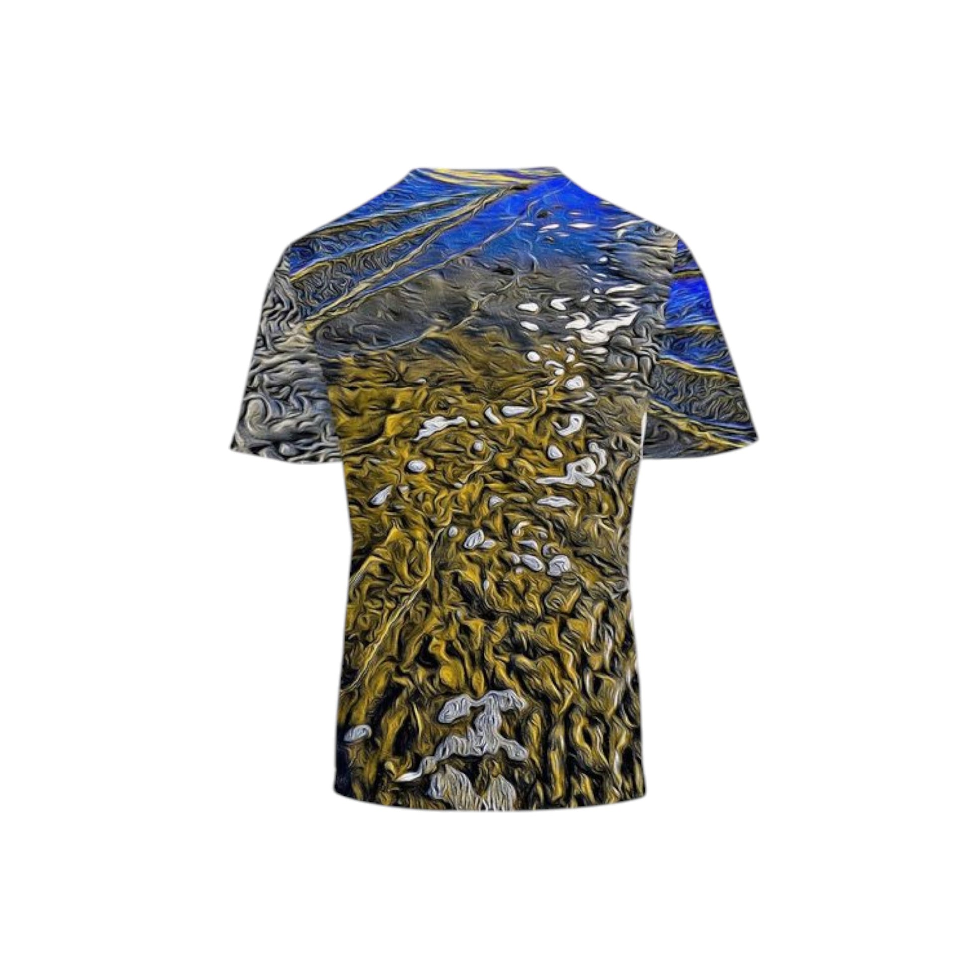 The back side Men's all over printed t-shirt.  The image if called Ebb and Flow.  It is of the beach at low tide.