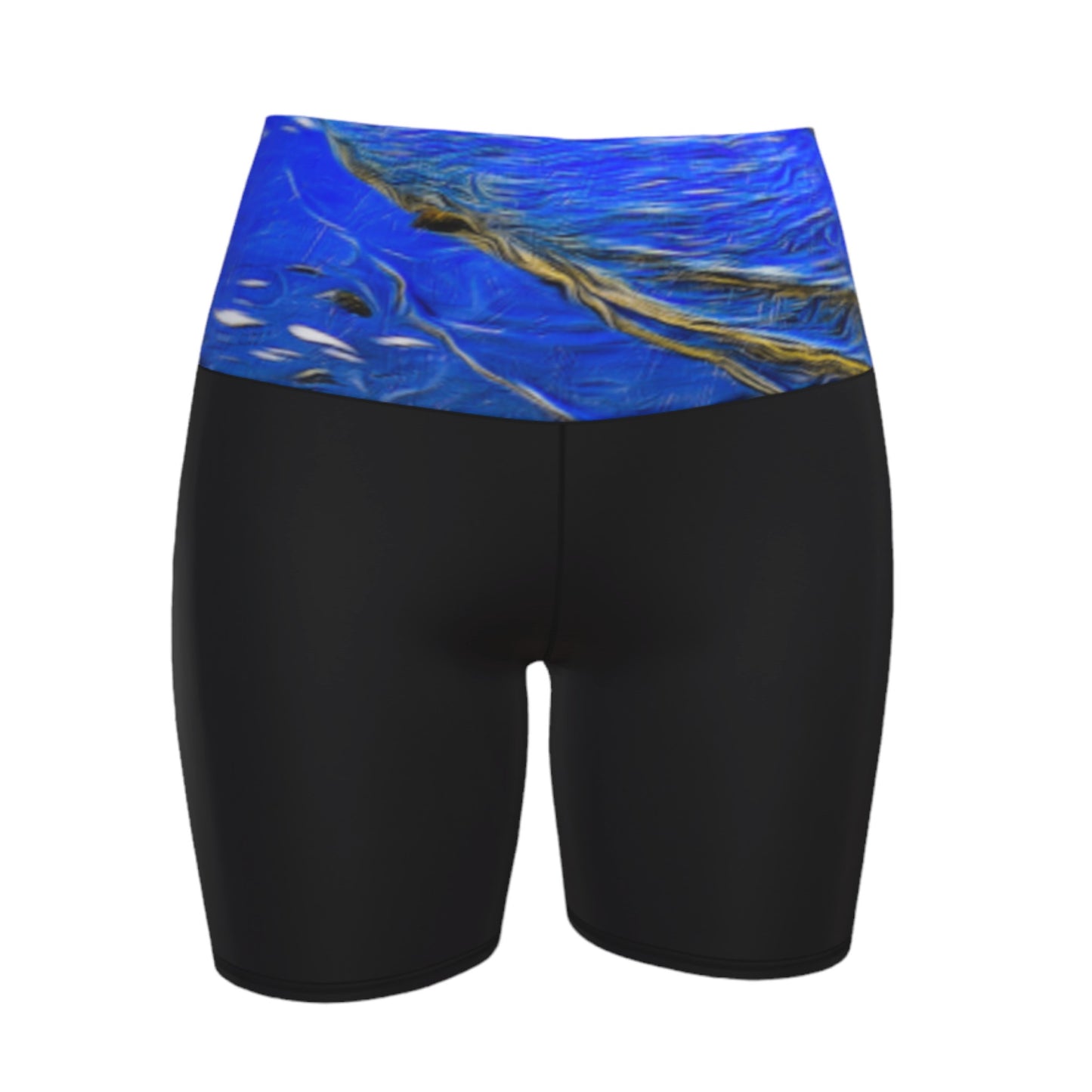 Ebb and Flow Yoga shorts feature a image of the ocean water at low tide with the sky and the sun reflecting on the water. This image is printed on the band of the yoga shorts.  The bottom of the shorts are black.