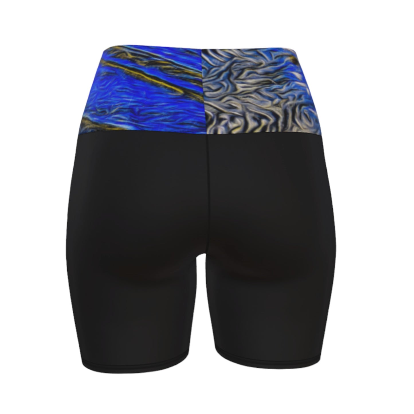 Back side Ebb and Flow Yoga shorts feature a image of the ocean water at low tide with the sky and the sun reflecting on the water. This image is printed on the band of the yoga shorts.  The bottom of the shorts are black.