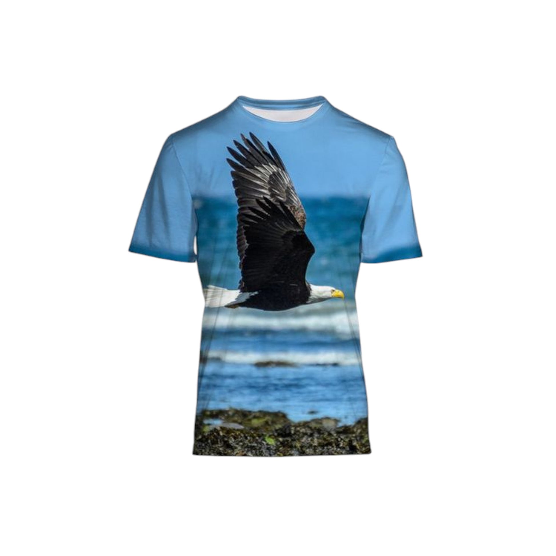 All over printed men's Vancouver Island t-shirt.  The image is of a eagle flying along the beach.