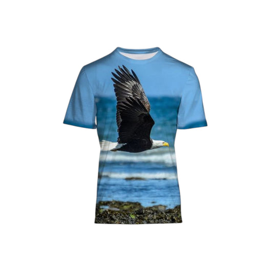 All over printed men's Vancouver Island t-shirt.  The image is of a eagle flying along the beach.