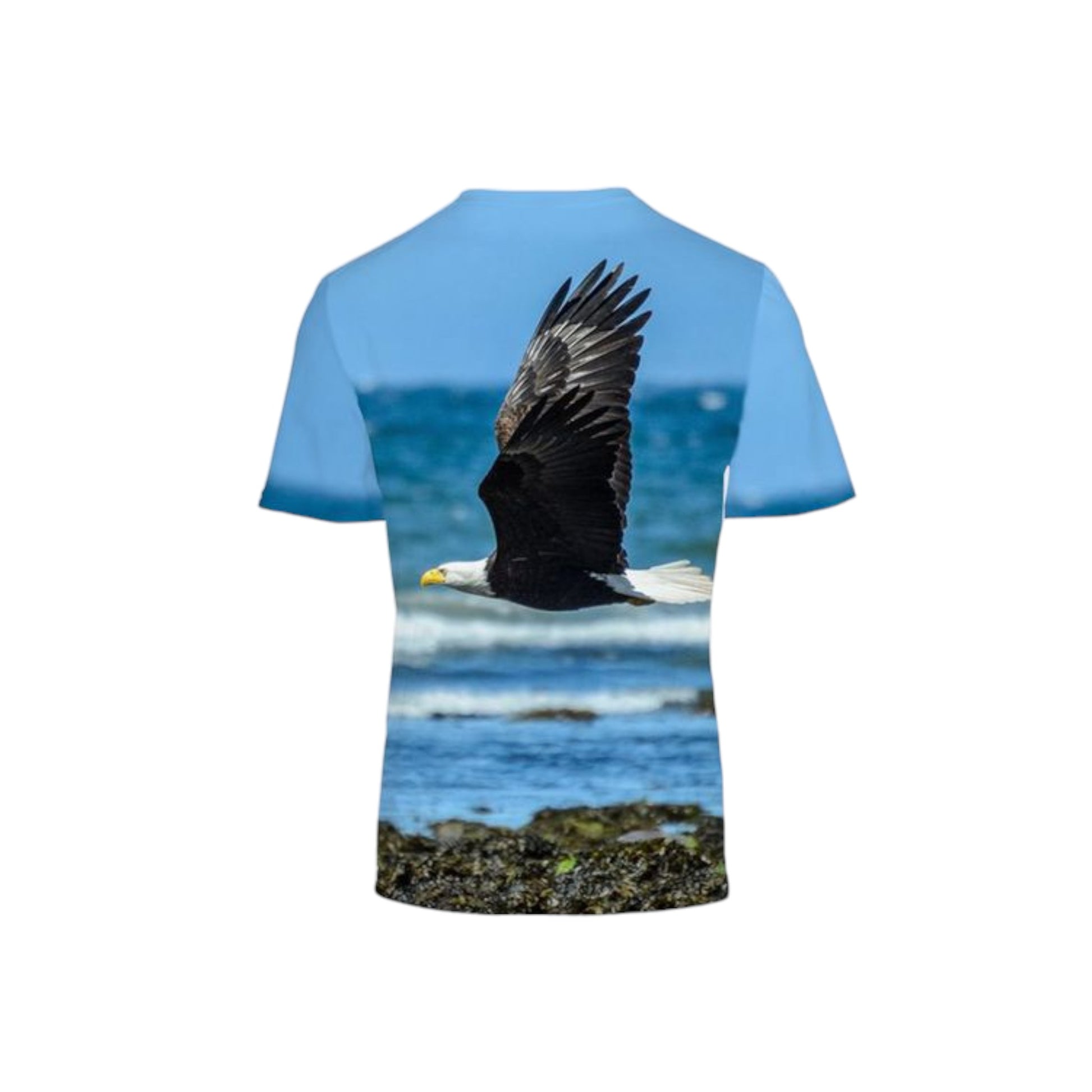 Back side of the All over printed men's Vancouver Island t-shirt.  The image is of a eagle flying along the beach.