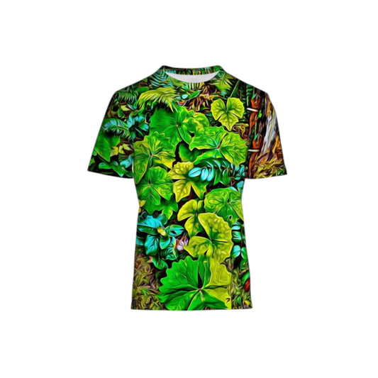 All over printed men's t-shirt.  The image is of the spring green leaves that emerge from the ground.